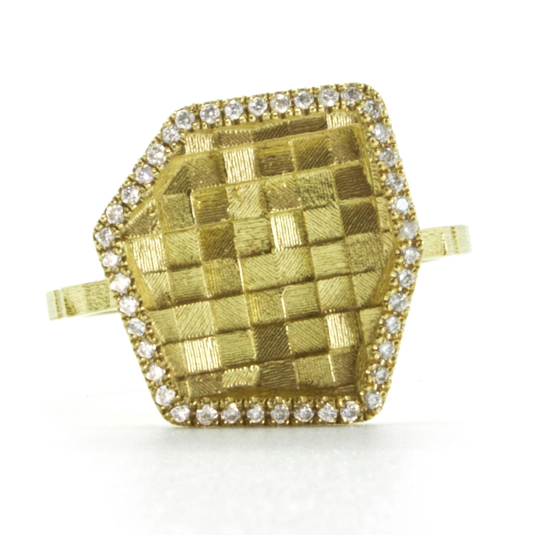 Hex Stratus Ring hand-fabricated in London by acclaimed jewelry maker Jo Hayes Ward showcasing an intricate platform of pixel elements fabricated with an optically-phenomenal reflective finish created through a combination of lost-wax and 3d