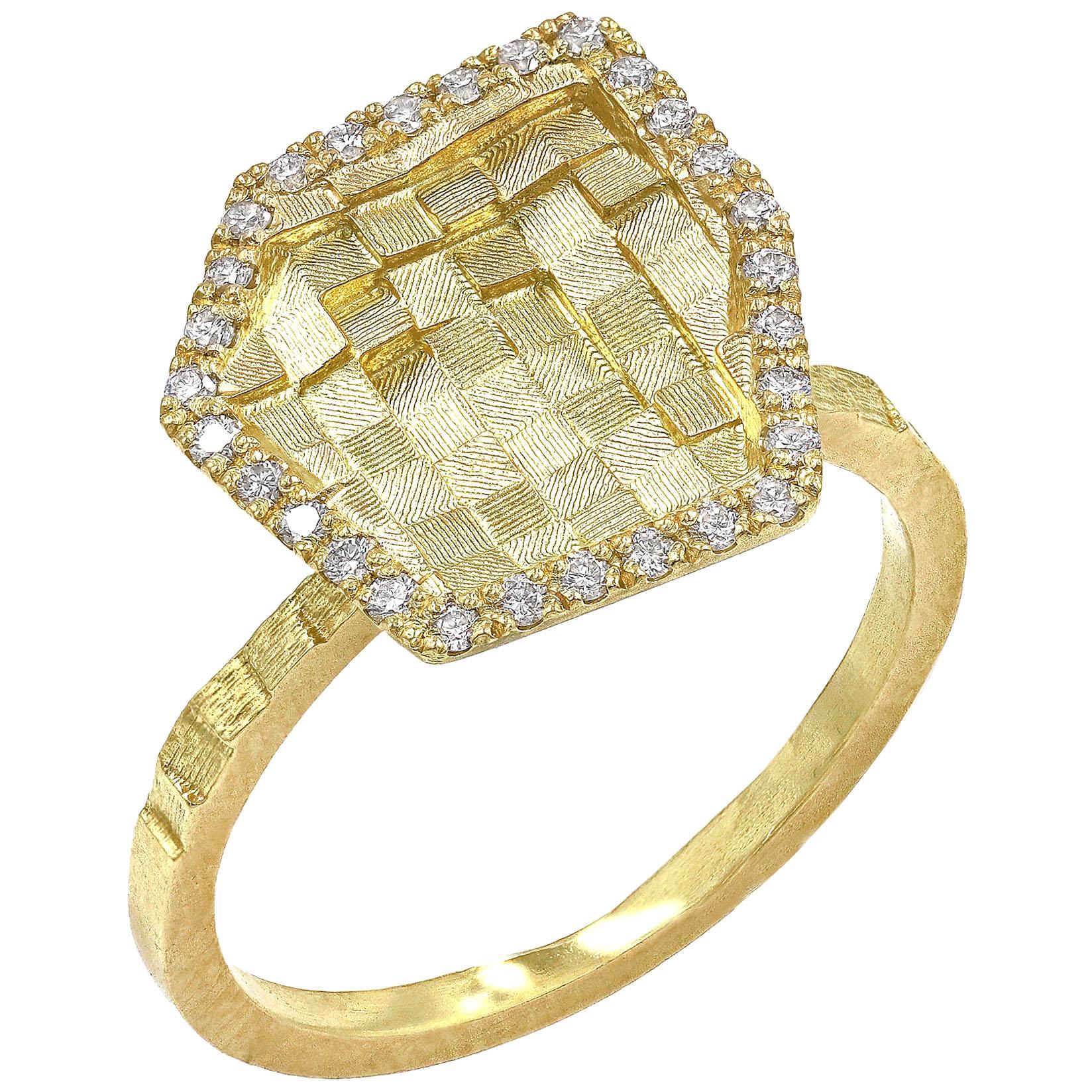 Brilliant White Diamond Reflective Yellow Gold Hex Stratus Ring, Jo Hayes Ward