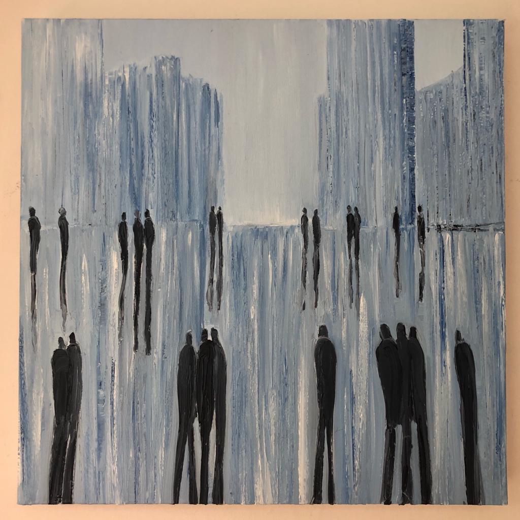 Perdido en la ciudad pintura figurativa contemporánea de Jo Holdsworth en venta 5