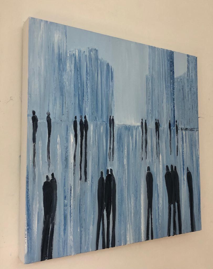 Lost in the City is a stunning oil on canvas work by award winning artist Jo Holdsworth.

Jo often adopts a modernist approach to form and elongated reflected figures in her work and this dynamic new painting in blue tones is certainly a striking