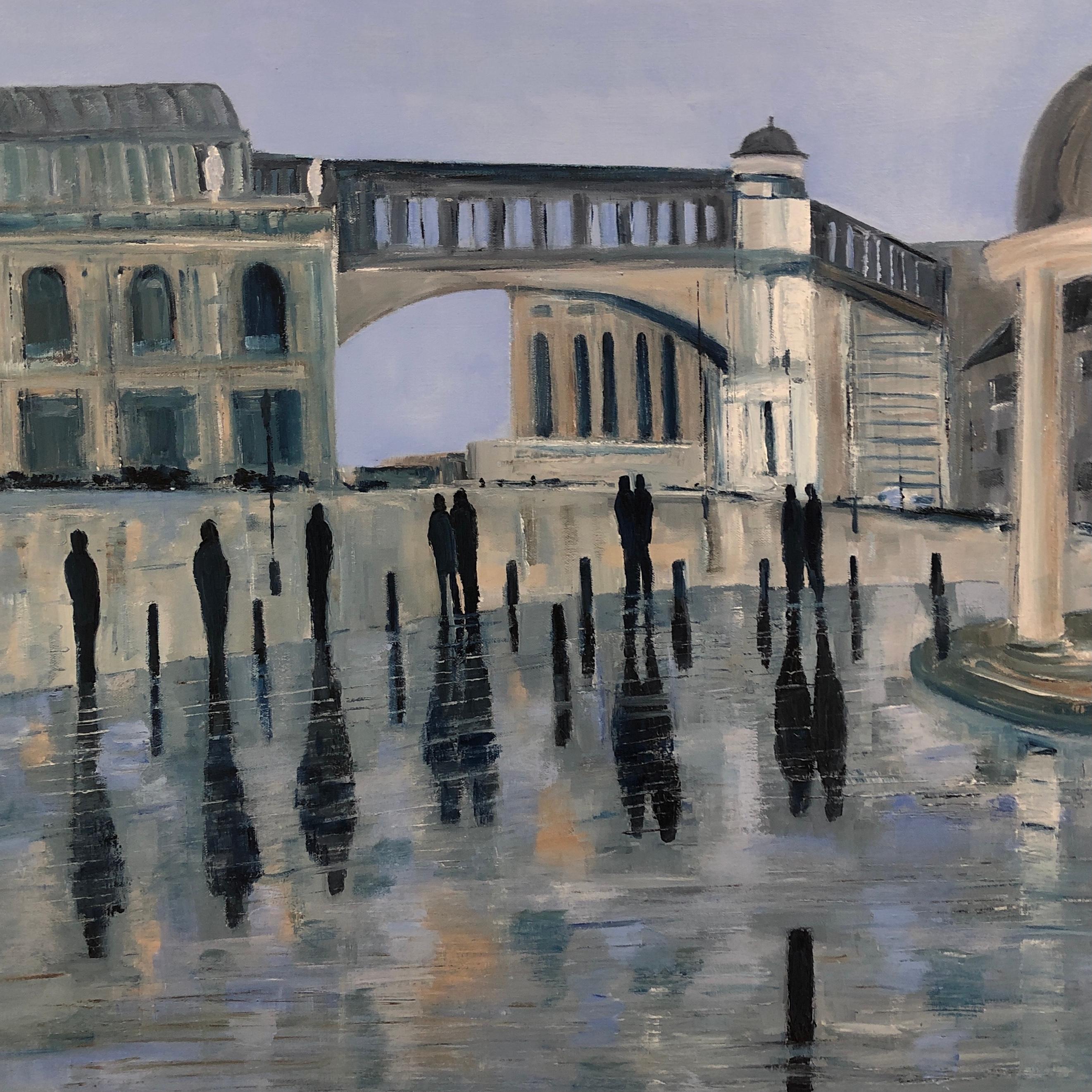 Station Square is a stunning new oil on canvas work by Award Winning artist Jo Holdsworth. Inspired by the pretty stone buildings and wonderful architecture of Harrogate in North Yorkshire, the painting includes the reflected figures for which Jo is