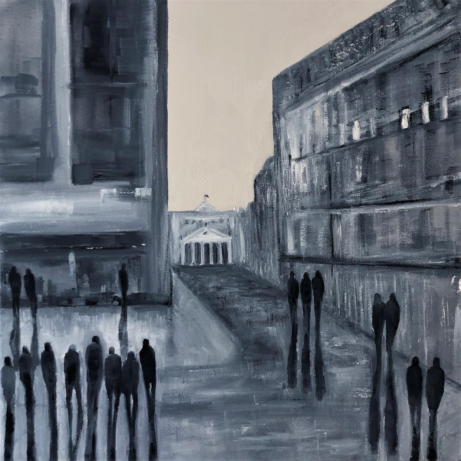 ‘Towards Haymarket’ is a stunning oil on canvas work by award winning artist Jo Holdsworth.
Inspired by the wonderful architecture of the Theatre Royal Haymarket, the painting includes the reflected figures for which Jo is particularly known and the