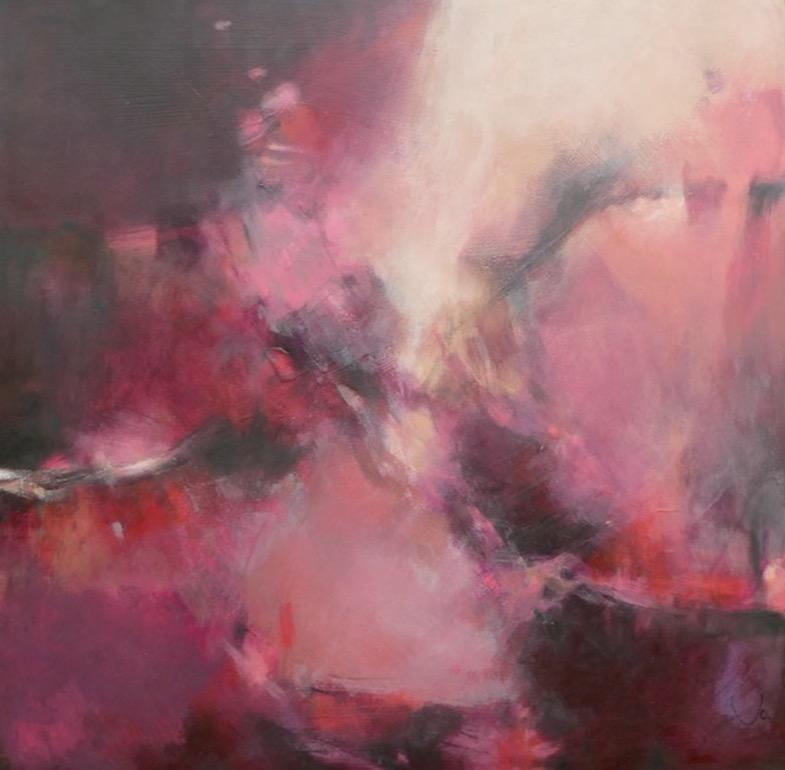 Jo Jenkins Landscape Painting - A Line Through the Middle, Original painting, Abstract art, Pink Stormy weather 