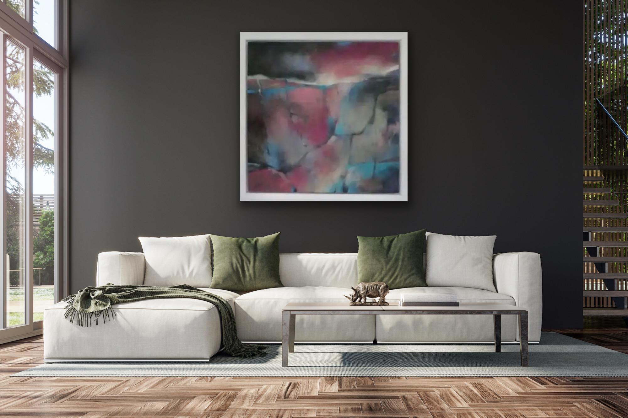 A Step Too Far, Original painting, Abstract Landscape art, Stormy sky, Pink Blue - Gray Abstract Painting by Jo Jenkins