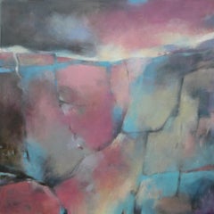 A Step Too Far, peinture originale, paysage abstrait, ciel tempéré, bleu rose