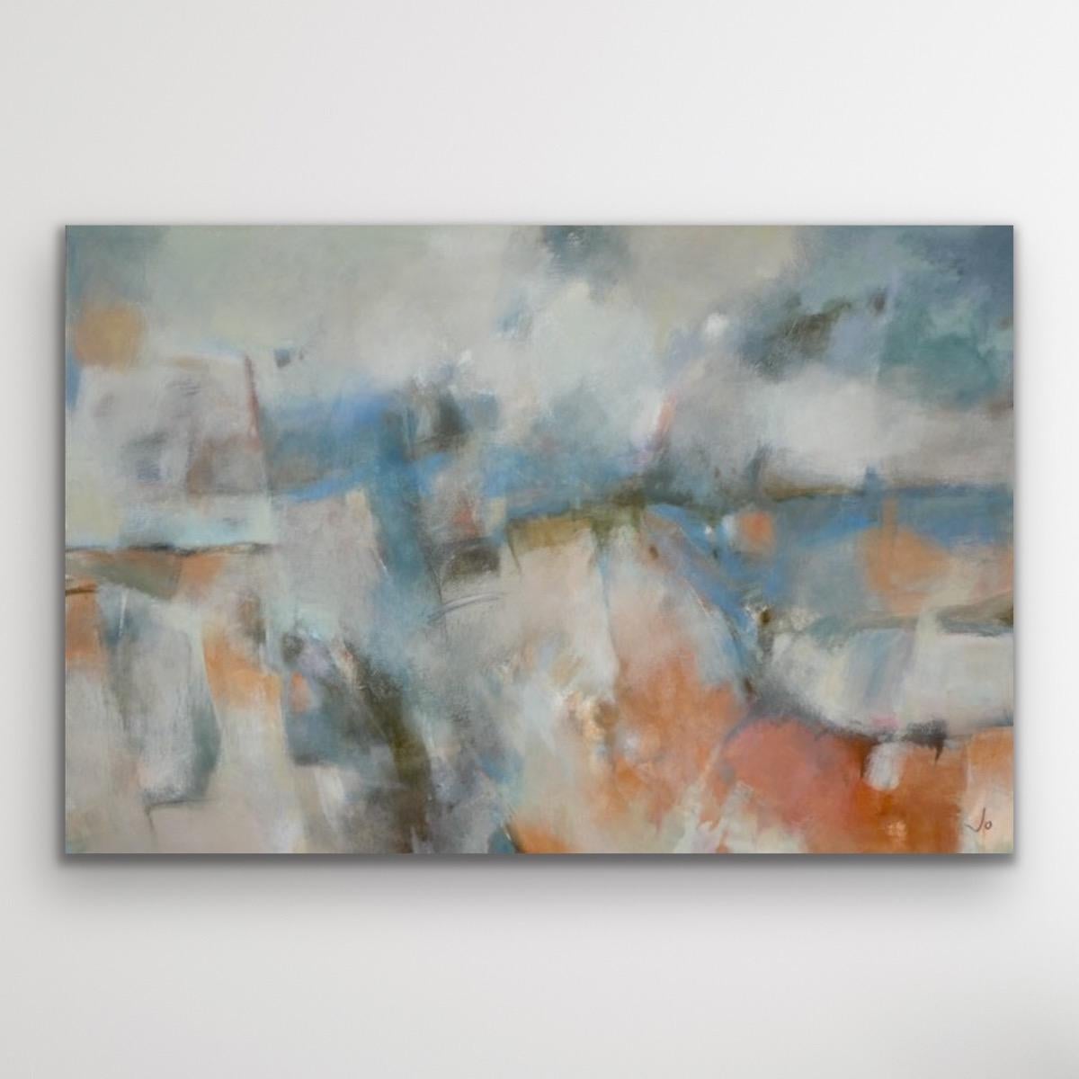 Original landscape painting with a strong sense of light and menacing weather. A rectangular painting with strong horizontal qualities and rhythmical lines. Variations of complementary colours - blues and oranges give it an almost abstract