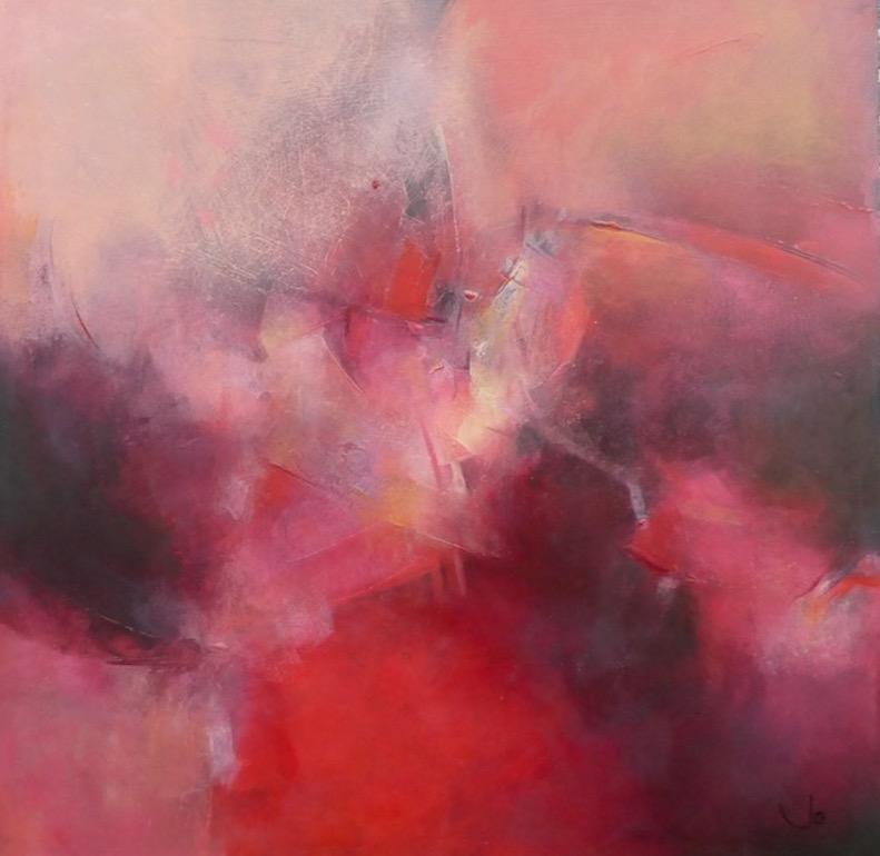 Criss Cross, Pintura original, Arte abstracto rojo, Acrílico, Técnica mixta sobre tabla
