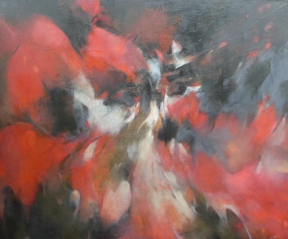 Jo Jenkins Landscape Painting - I'll See You Further On Up the Road, Original Abstract painting, Red, Acrylic 
