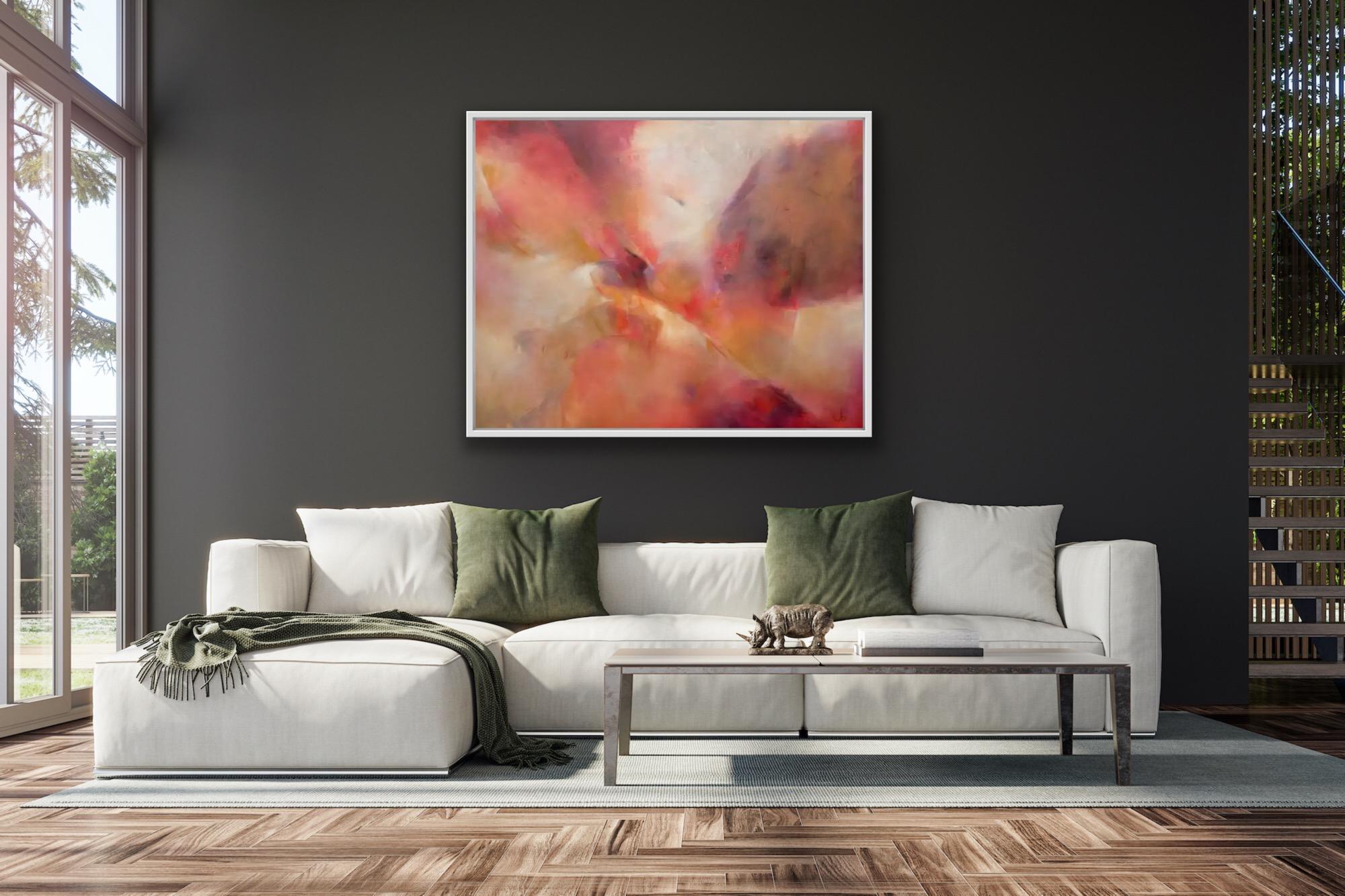 Original landscape orientated painting with abstract qualities on a deep canvas. Strong warm colours with high contrast, making it a very dramatic piece. Painted in a loose style which is then worked into and the viewer can reflect on the distant