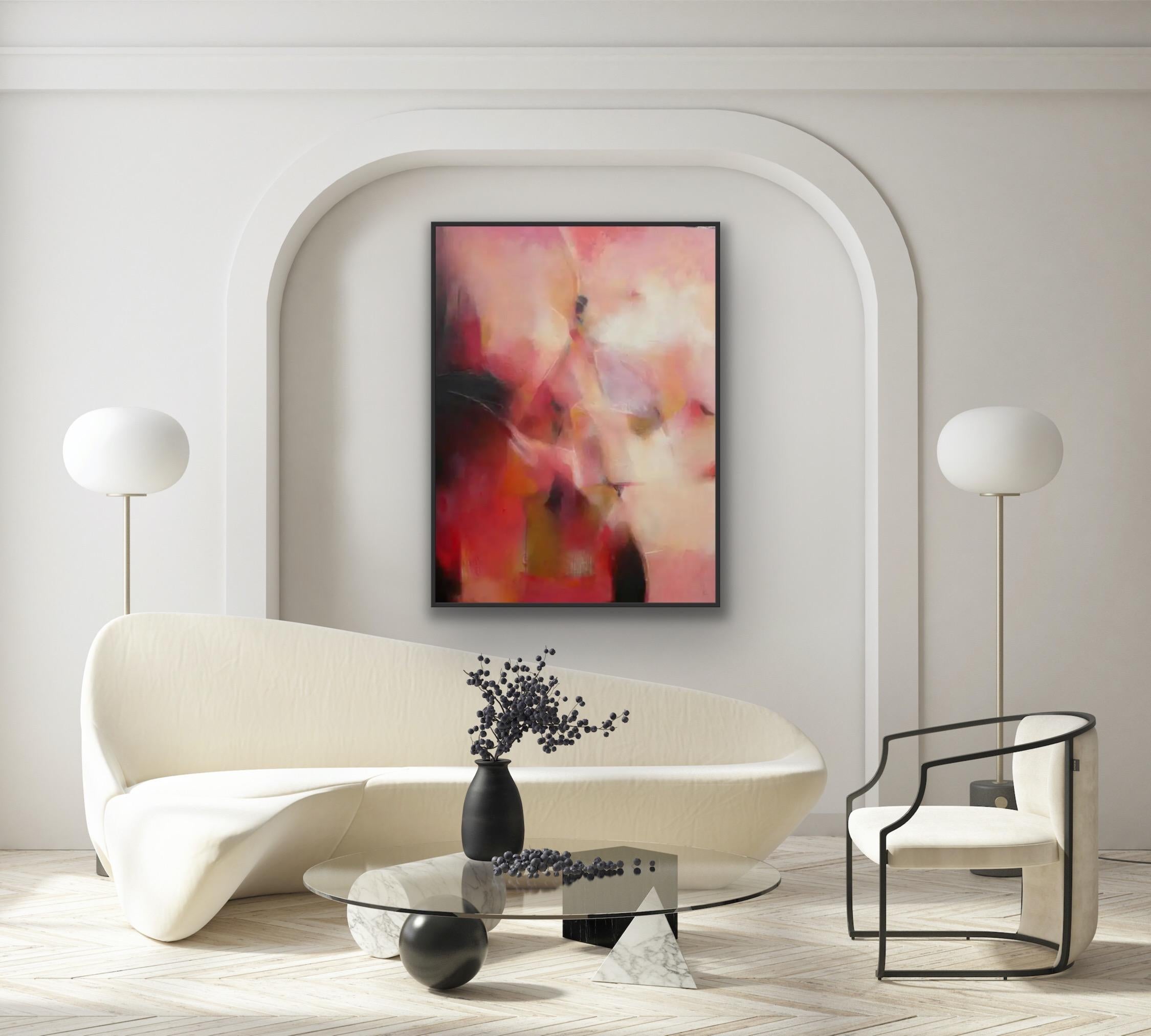 A dramatic painting on board with battened sides pieces and ready to hang... with a clean and solid appearance. High contrast in warm colours and strong shaded areas with bright highlights. Rhythmical qualities run through the centre of the painting