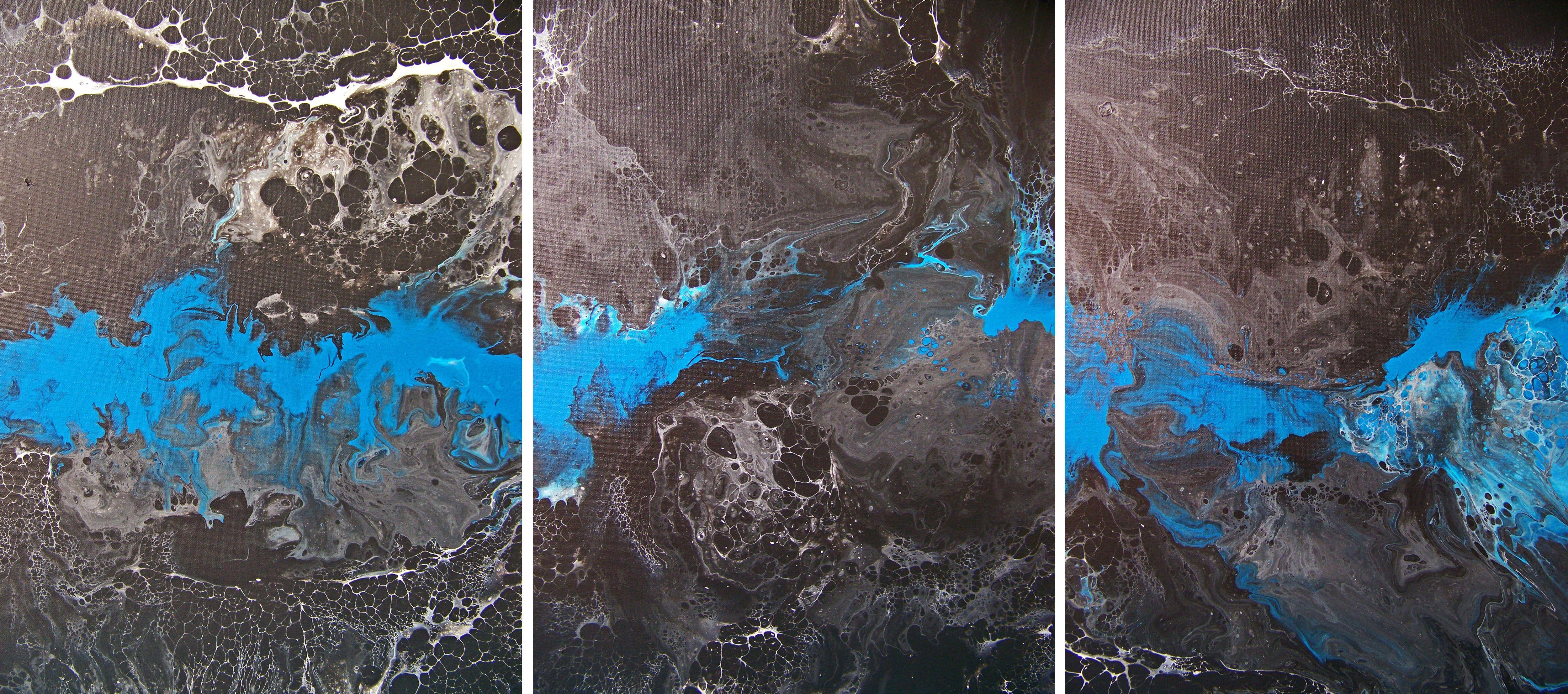 Abstract Painting de Jo Moore - Ahí viene la noche II--Tríptico Azul, Pintura, Óleo sobre lienzo