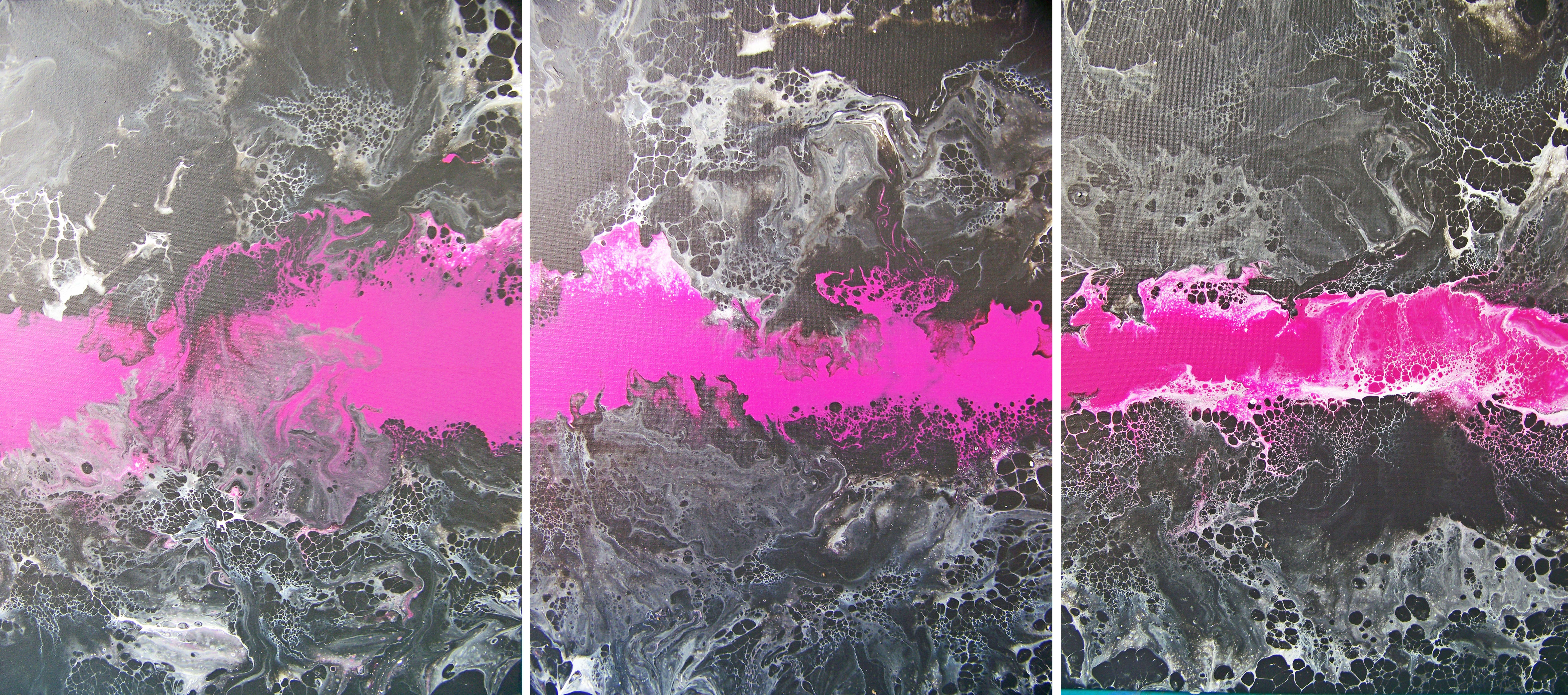 Jo Moore Abstract Painting - Here Comes the Night III-Magenta Triptych, Painting, Oil on Canvas