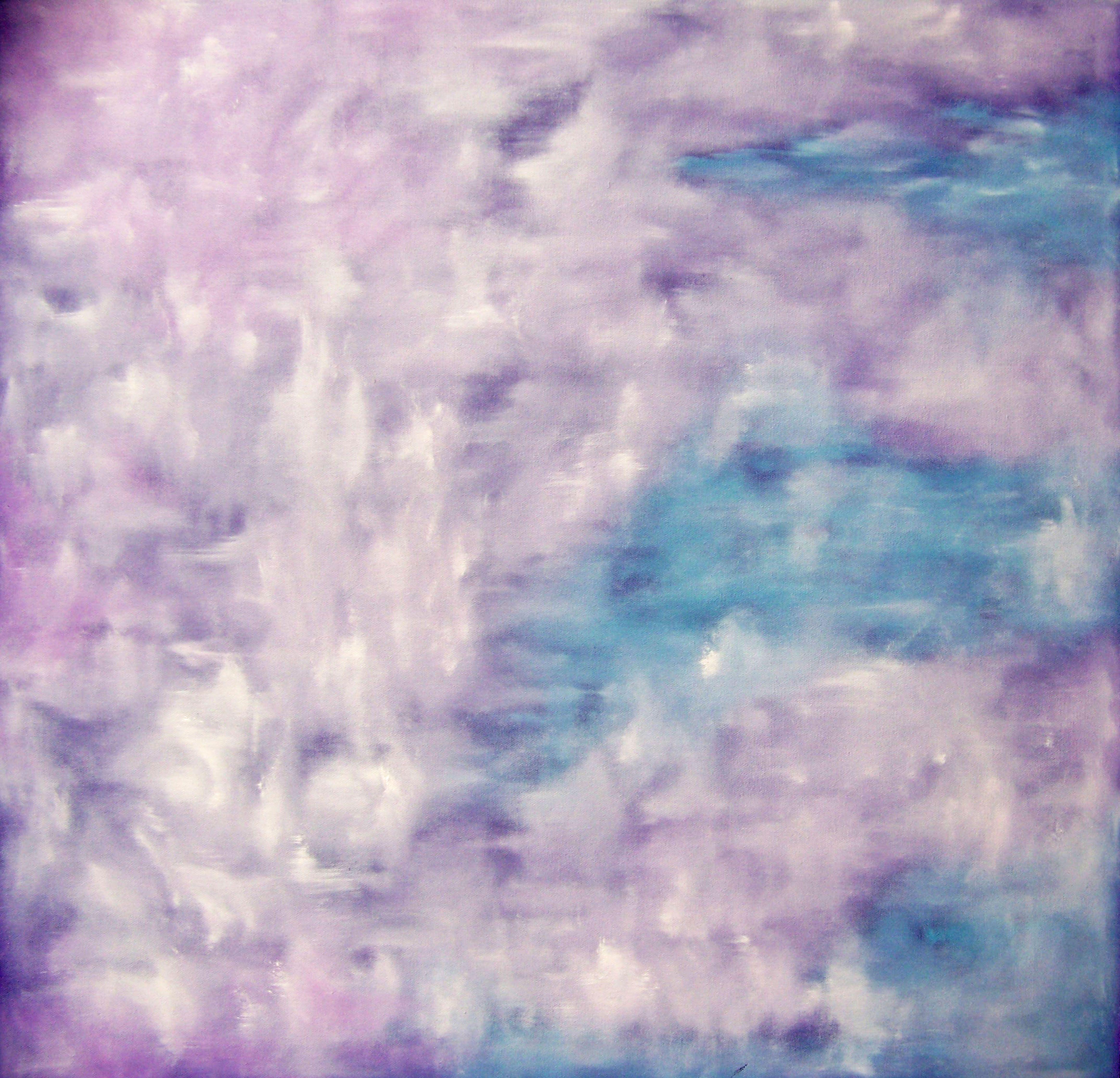 Abstract Painting di Jo Moore - Morbido risveglio in blu e lavanda, Pittura, Olio su tela