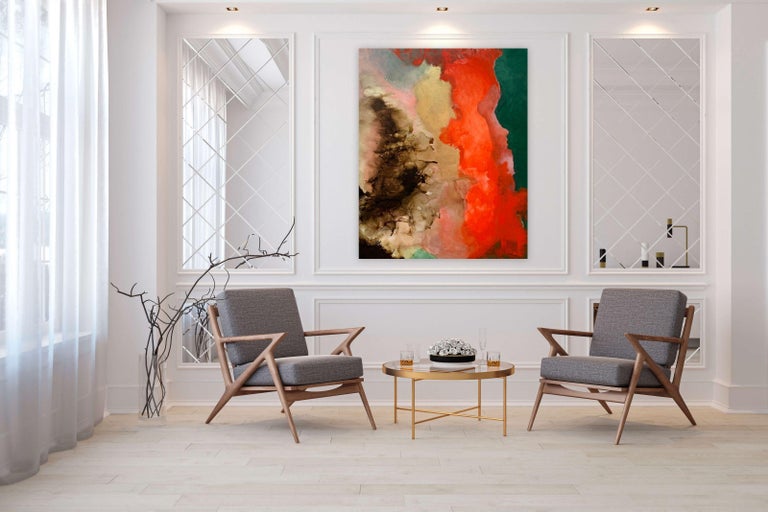 Phoenix - Abstract Acrylic on Linen, Red, Gold, Green, Brown - Abstract Expressionist Painting by Jo Nolan