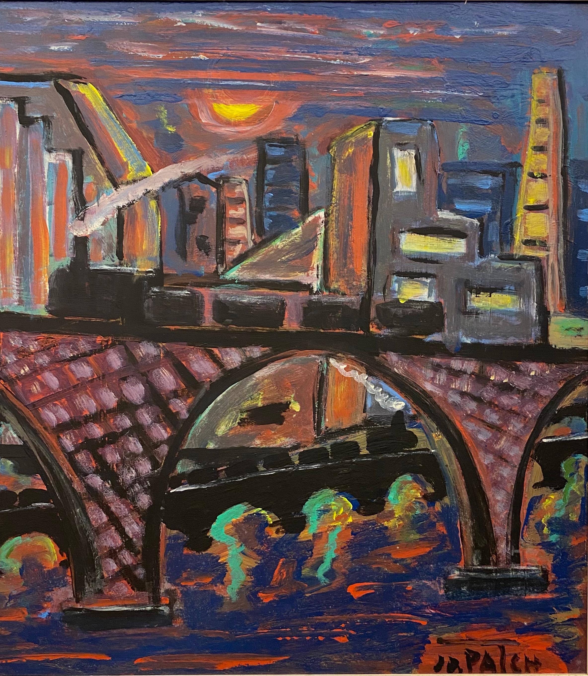Peinture à l'huile sur carton de Jo Patch. 
Une pièce d'art décoratif très colorée qui représente un paysage urbain au bord d'une rivière ou d'une baie. C'est peut-être une vue de quelque part dans la ville de New York. 

Jo Patch est né à Opprebais