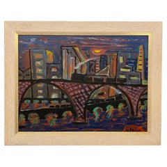 Jo Patch Framed Oil Painting Depicting New York Waterfront