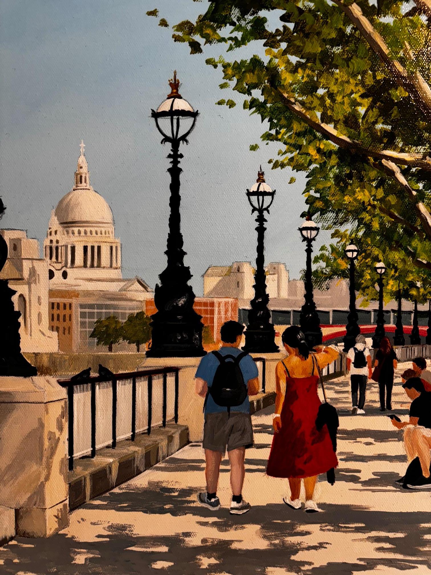 Dappled Light, Southbank - Original Stadtbild - Zeitgenössischer Realismus Kunst – Painting von Jo Quigley