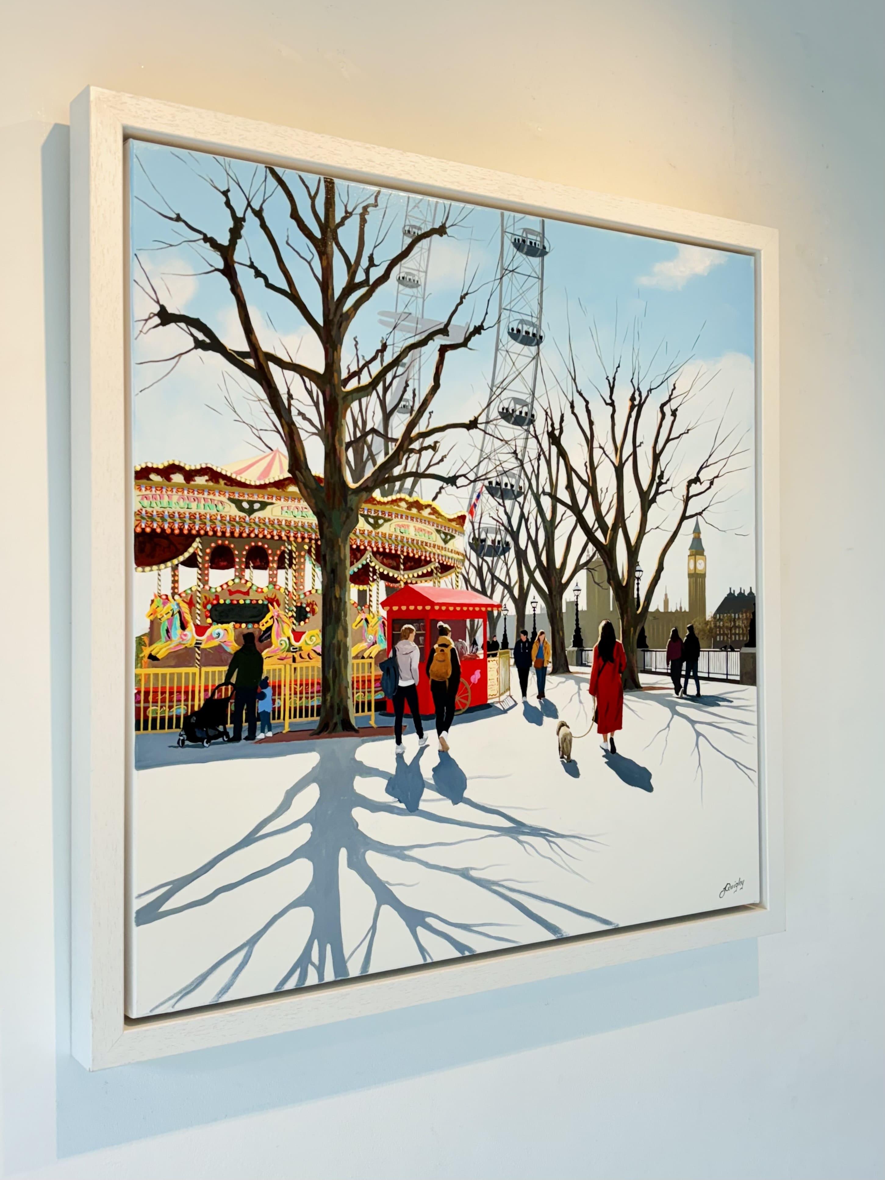 Southbank Carousel - Original Stadtbild Impressionismus Gemälde - Zeitgenössische Kunst (Blau), Landscape Painting, von Jo Quigley