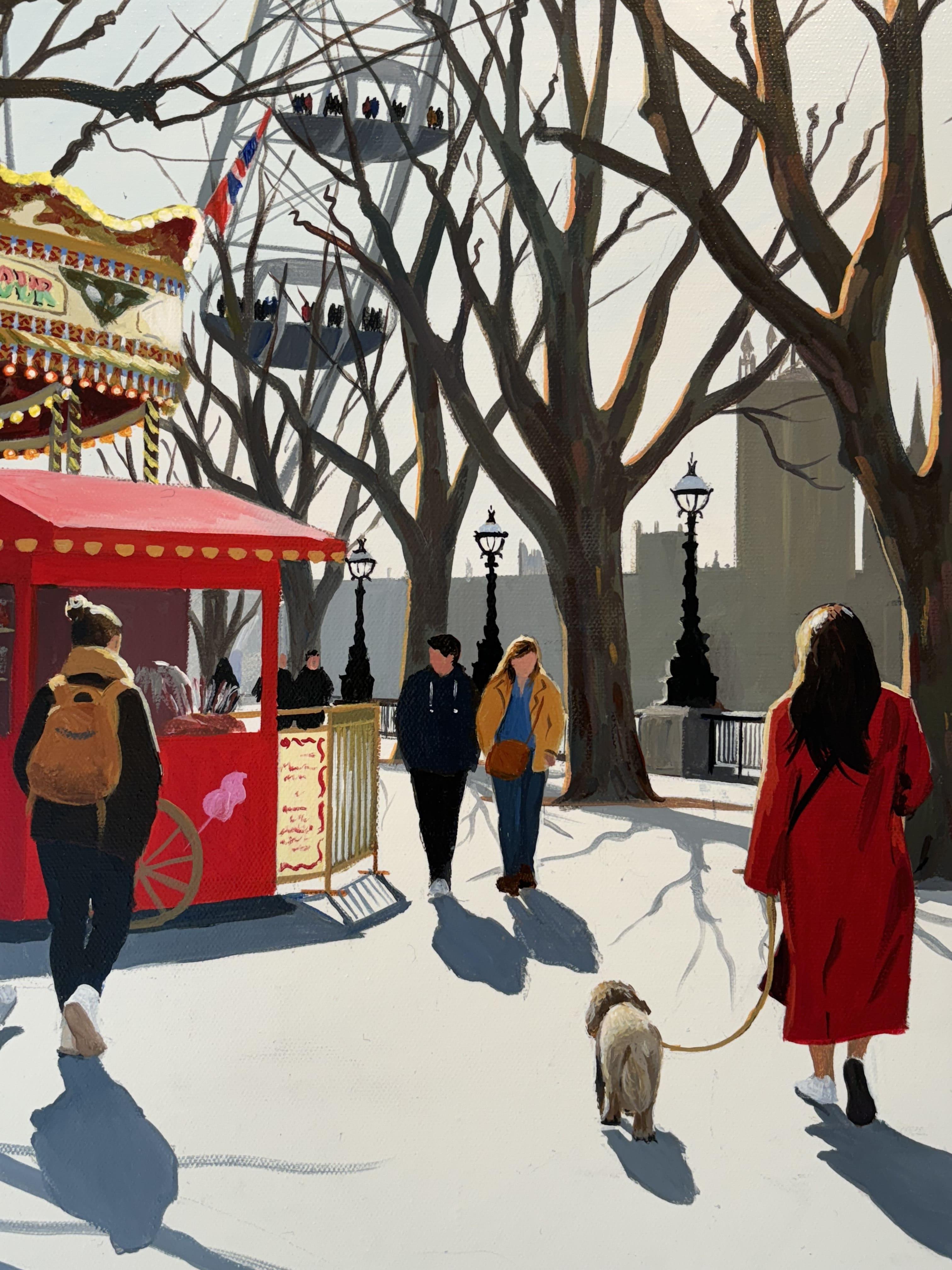Southbank Carousel - dipinto originale di paesaggio urbano impressionista - arte contemporanea - Landscape Painting Blu di Jo Quigley