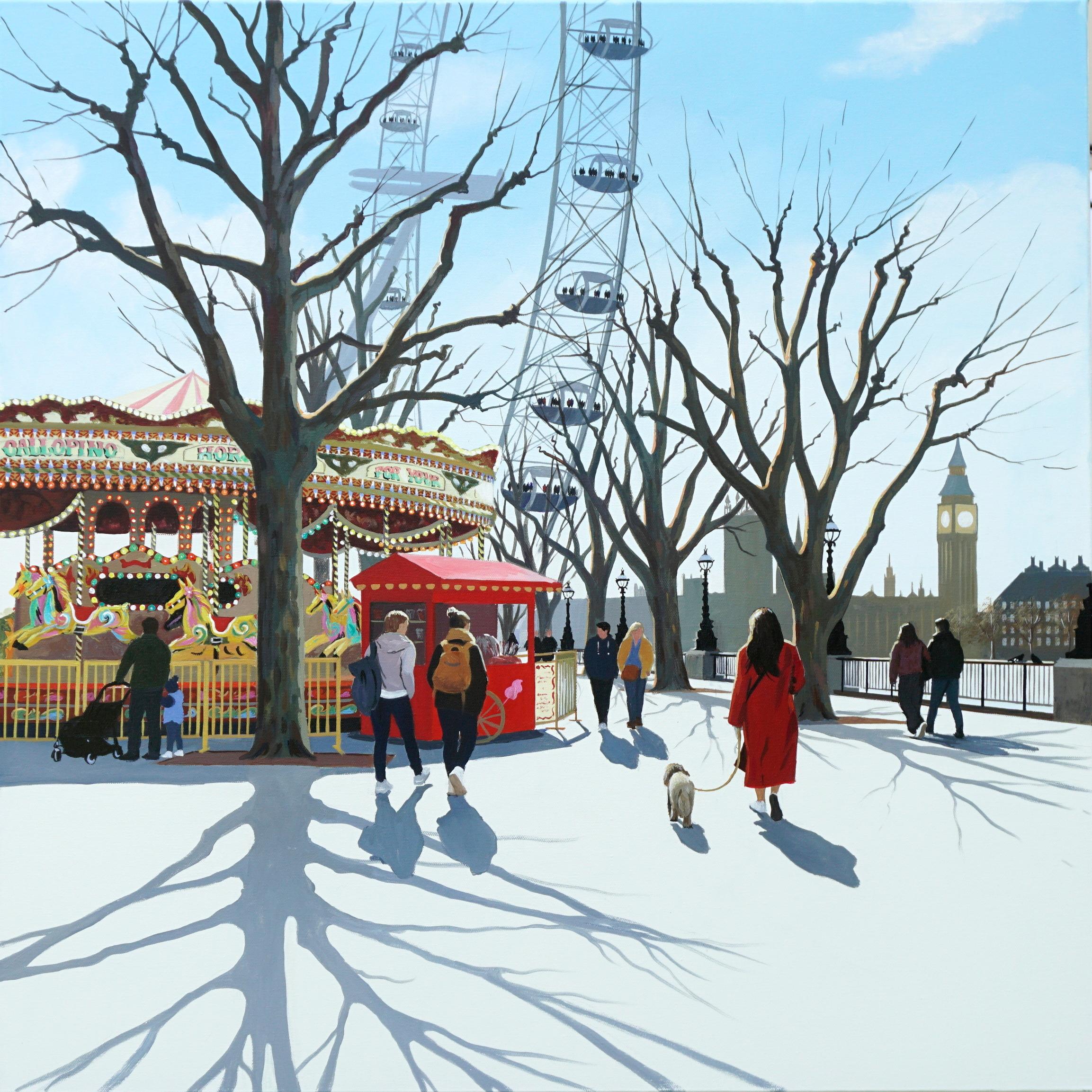 Landscape Painting di Jo Quigley - Southbank Carousel - dipinto originale di paesaggio urbano impressionista - arte contemporanea