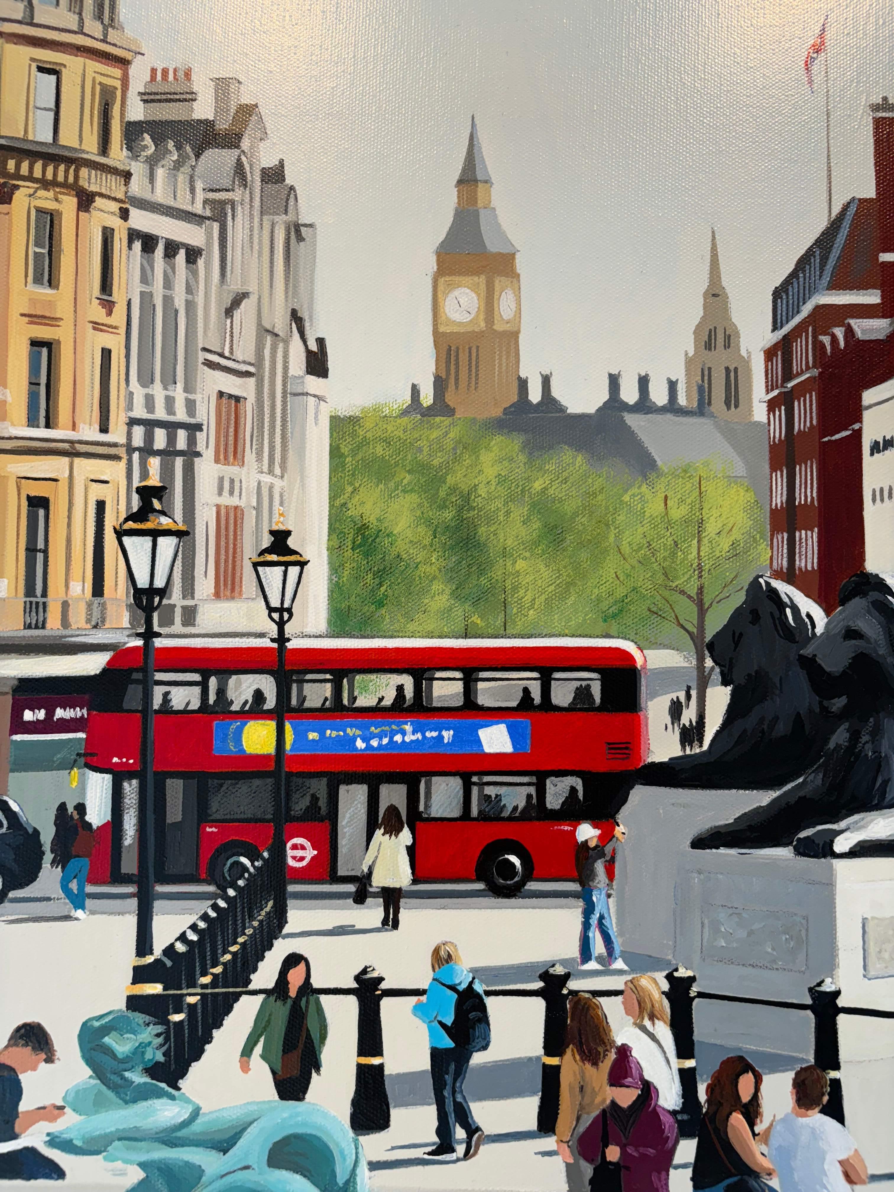Pomeriggio di primavera, Trafalgar Square - dipinto originale di paesaggio urbano - Arte contemporanea - Landscape Painting Grigio di Jo Quigley