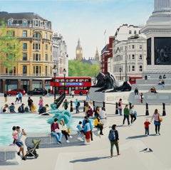 Pomeriggio di primavera, Trafalgar Square - dipinto originale di paesaggio urbano - Arte contemporanea