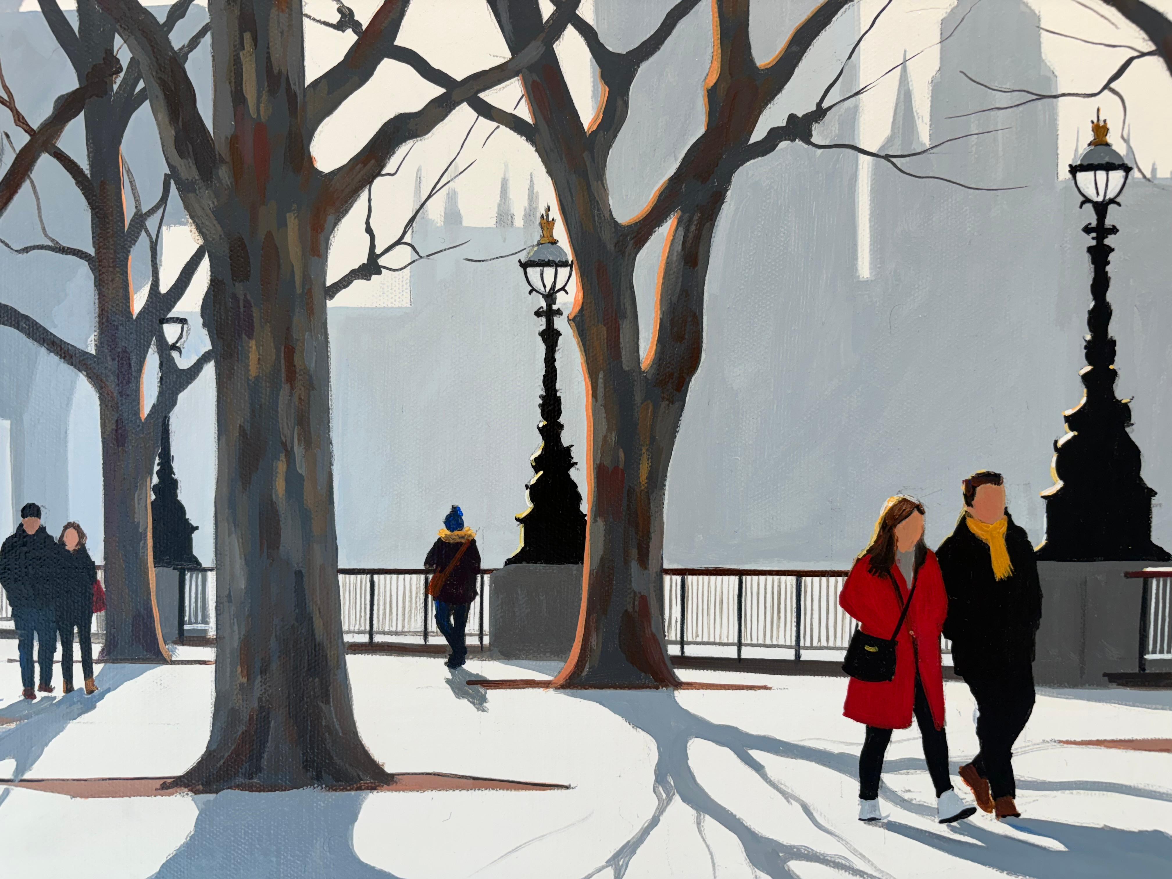 Westminster Walk II-original impressionism cityscape painting-contemporary Art - Gray Landscape Painting by Jo Quigley