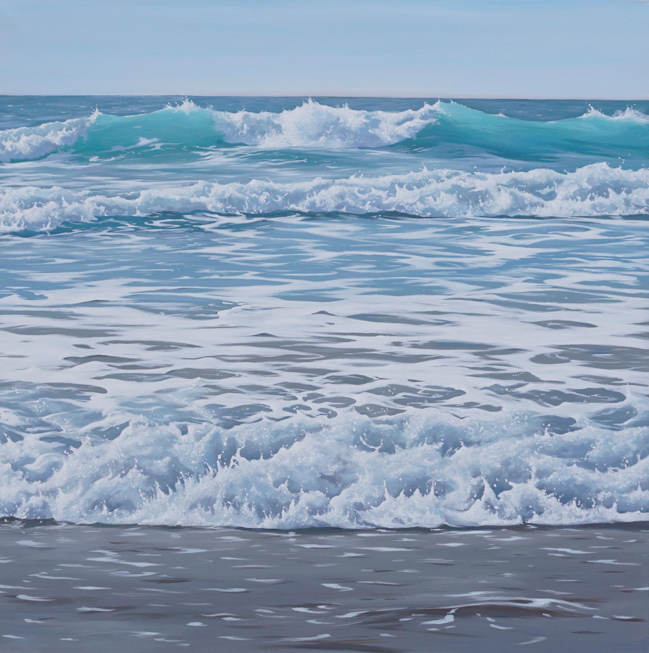 Jo Quigley Still-Life Painting – Breaking Waves Ozeankunst, zeitgenössisches realistisches Meereslandschaftsgemälde, Strandhauskunst