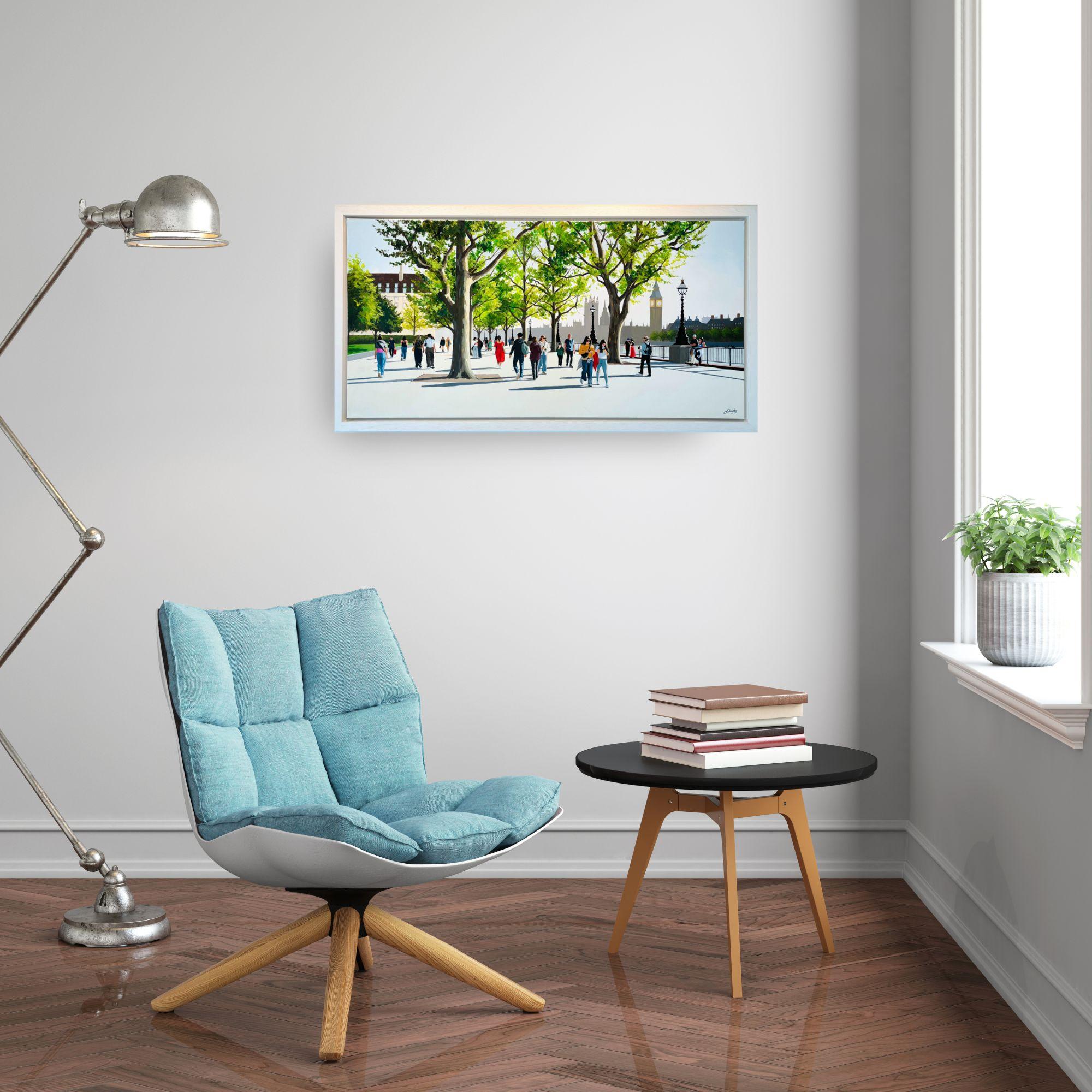 Early Summer on the Southbank - Contemporary British Cityscape Artwork (Grau), Landscape Painting, von Jo Quigley