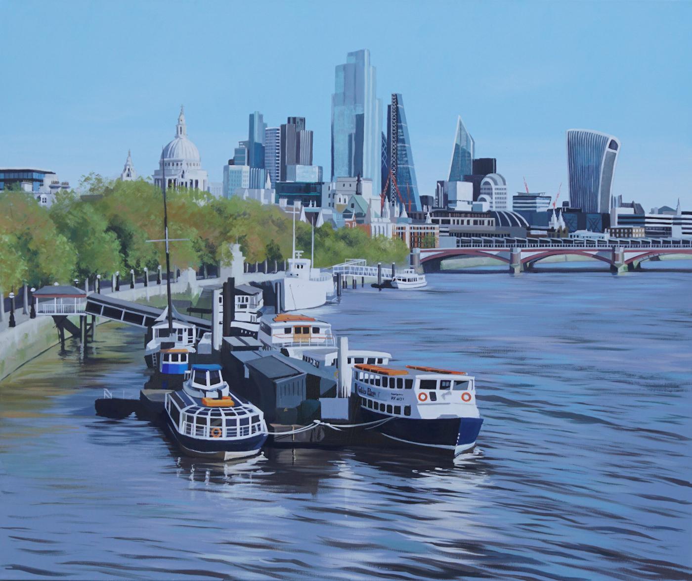 Jo Quigley Landscape Painting - The City from Waterloo Bridge, Realist Style Cityscape Painting, London Art