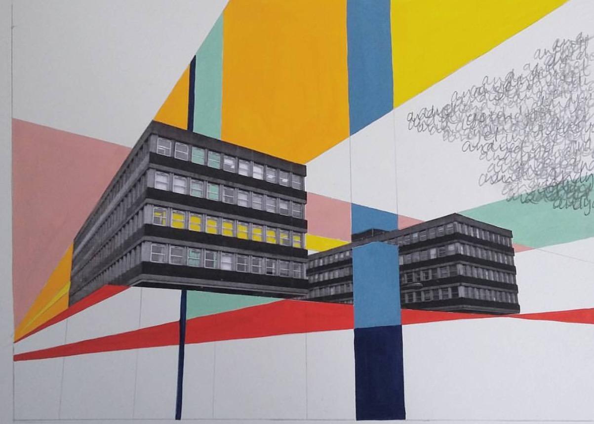 BILLINGHAM BLOCKS WITH CLOUDS - BRUTALIST - MODERNIST - ARCHITECTURE  - Mixed Media Art by Jo Stanness
