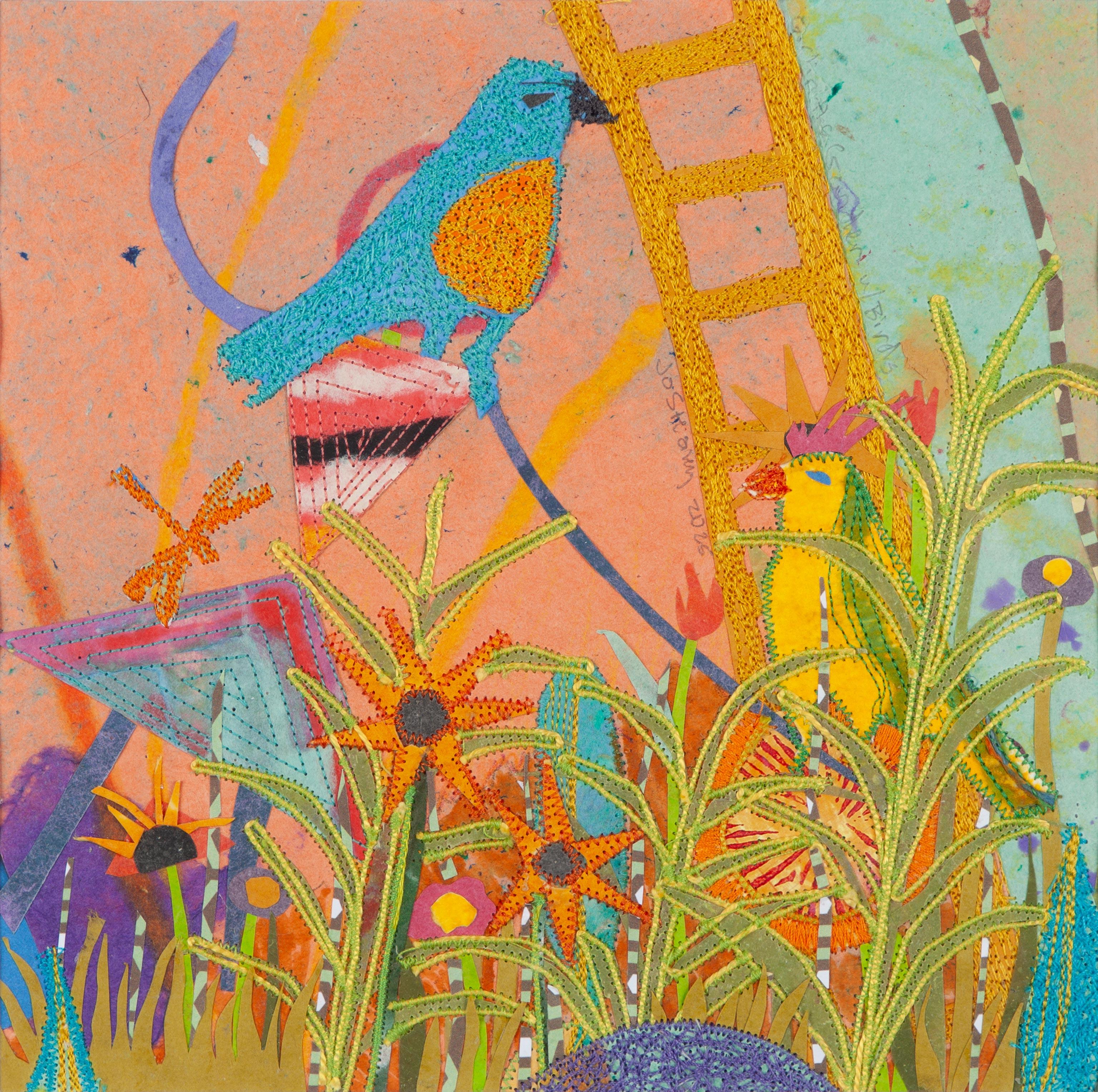 Fille dans le jardin avec des oiseaux - Contemporain Mixed Media Art par Jo Stealey