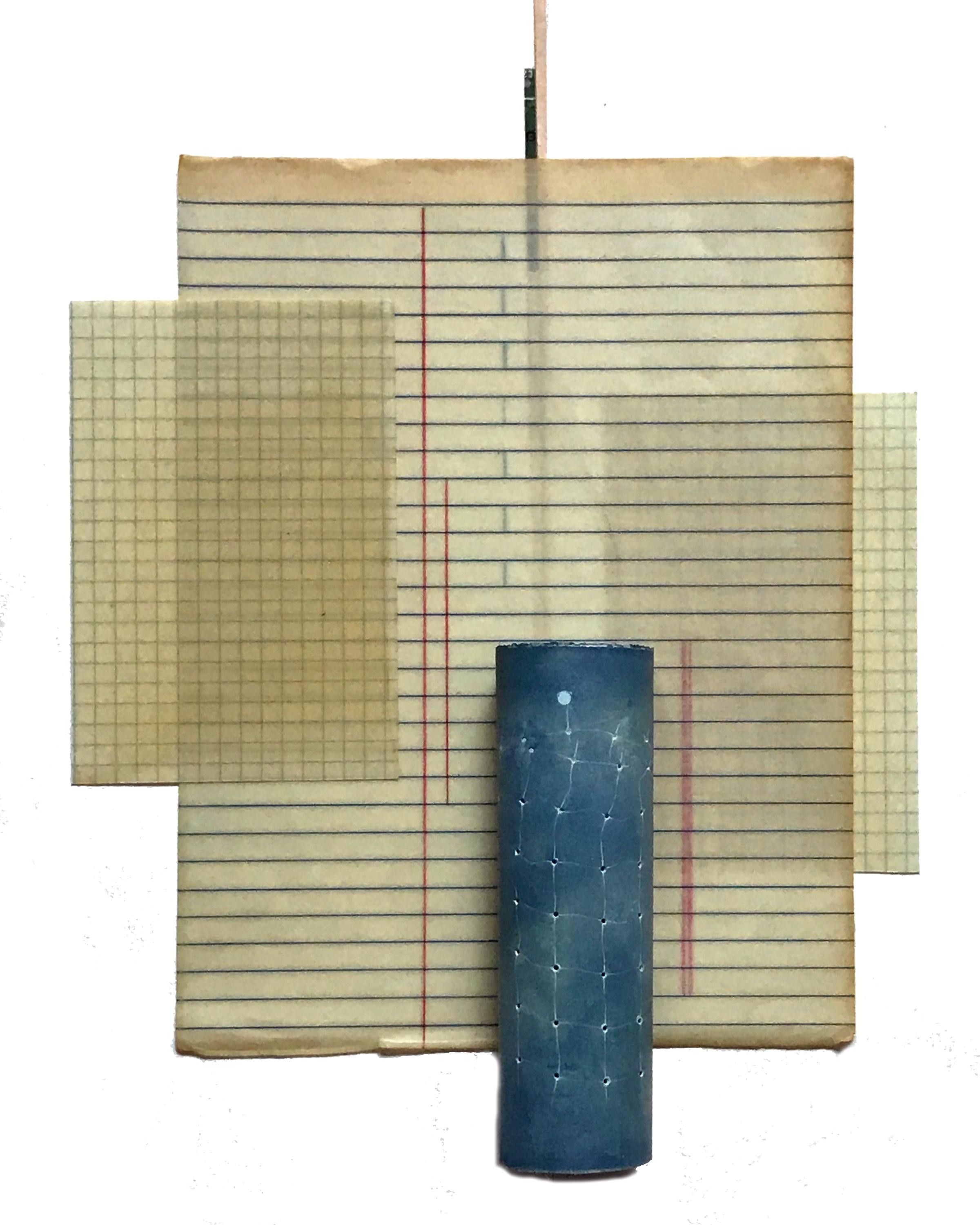 Jo Yarrington, blue cylinder with red weaving and codes, mixed media, 16 x 12 in