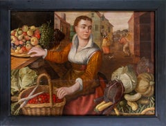 Huge 16th Century Flemish Old Master Oil on Panel The Vegetable Seller Market