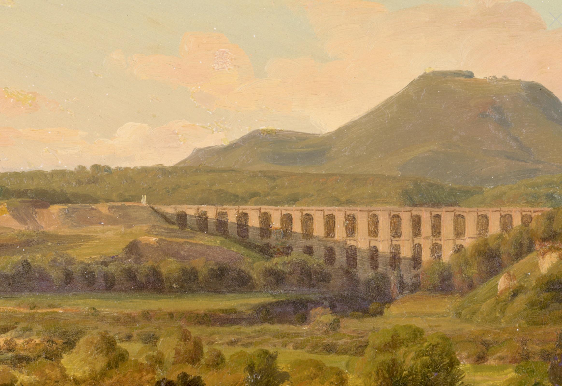 View of the Ariccia Bridge and the Alban Hills
This finely executed plein air landscape depicts the monumental bridge of Ariccia and the town with the surrounding Alban Hills, painted by German landscape artist Joachim Ludwig Heinrich Daniel Bünsow