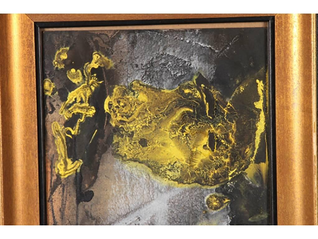 Joachim Probst (American, 1913-1980) abstract painting, signed, dated and titled on verso, Probst, 1957, black and gold.

Condition: Black and gilt frame with some losses.