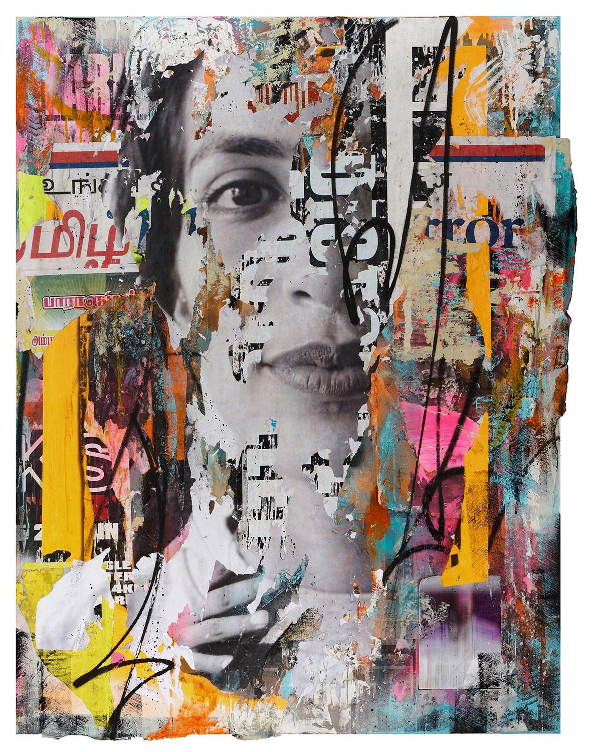 Acrylique, aérosol et collage de tableaux déchirés sur toile 4K - Mixed Media Art de Joachim Romain