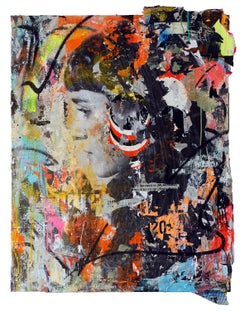 SABOURIN, Acrylic, aerosol, and collage of torn pictures on canvas