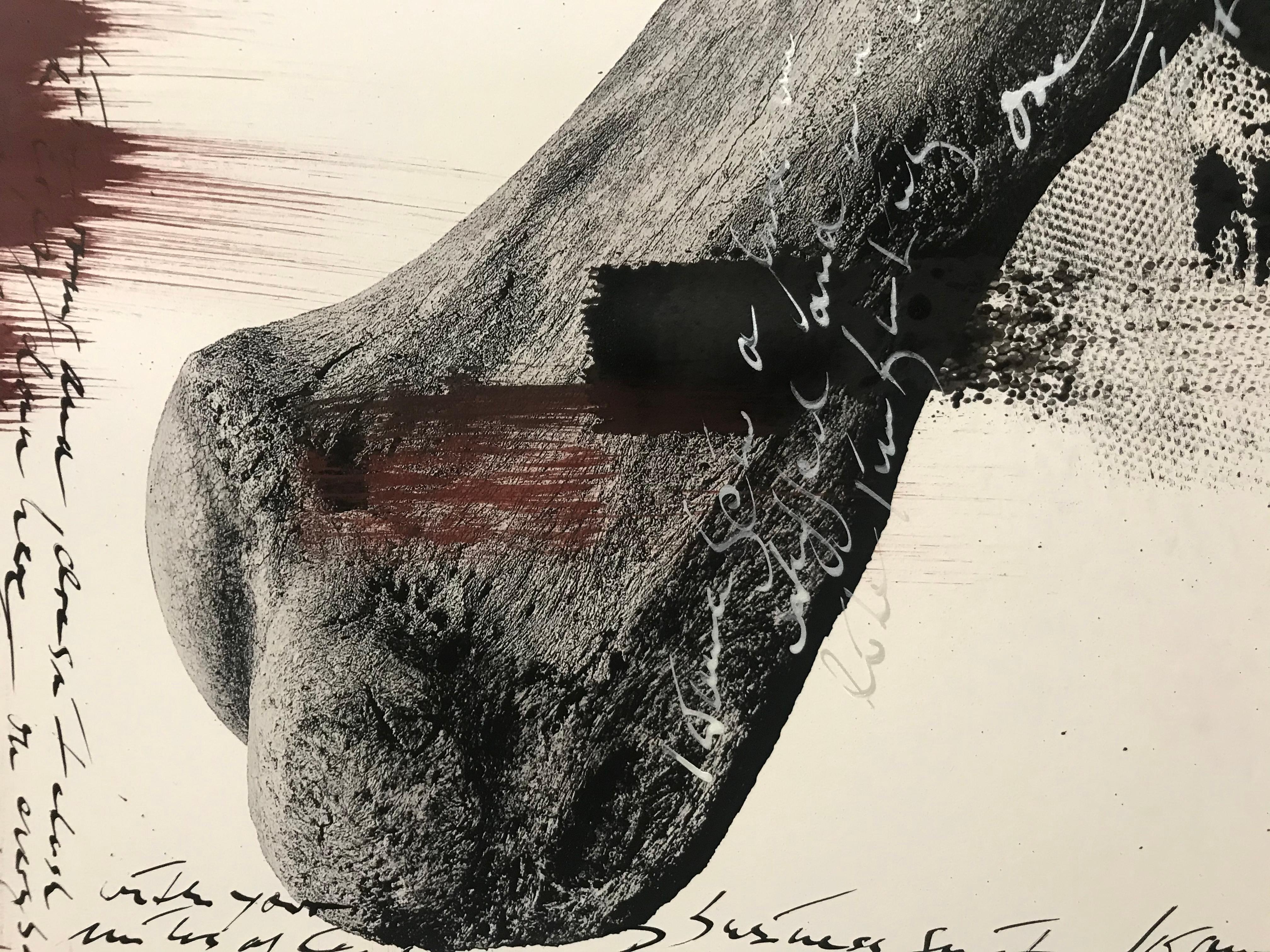 Unique Piece / One of a Kind

2 Elephant thighbones. Museum Archival Print on Hahnemühle Laid paper, Photography painted with Drawing Ink, Pigments. Handwritten Songtext by 