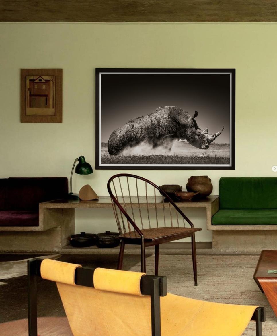 Rise – Tierporträt eines Rhinoceros im Staub, Kunstfotografie, 2019 (Schwarz), Black and White Photograph, von Joachim Schmeisser