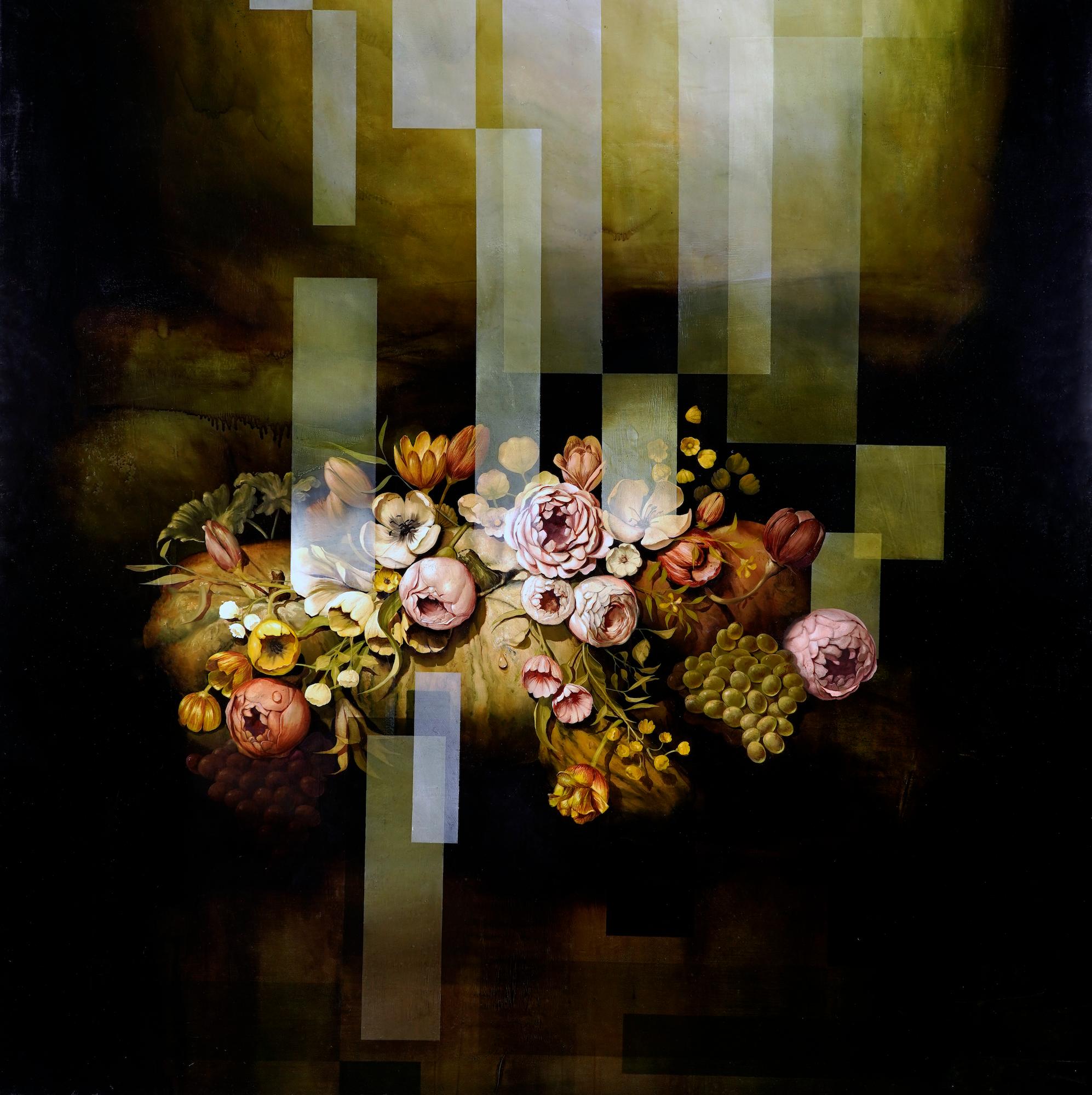 Balconies of the sky V von Joachim van der Vlugt - Halbabstrakte Malerei, Blume