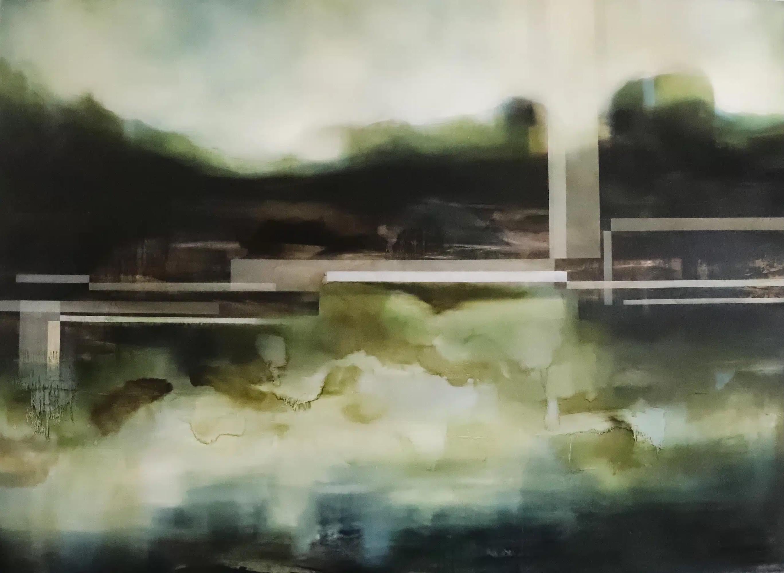 Elysium II by Joachim van der Vlugt - Semi-abstract painting, green, landscape