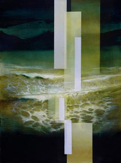 Fury IV - semi-abstract painting, seascape, waves, dark green tones