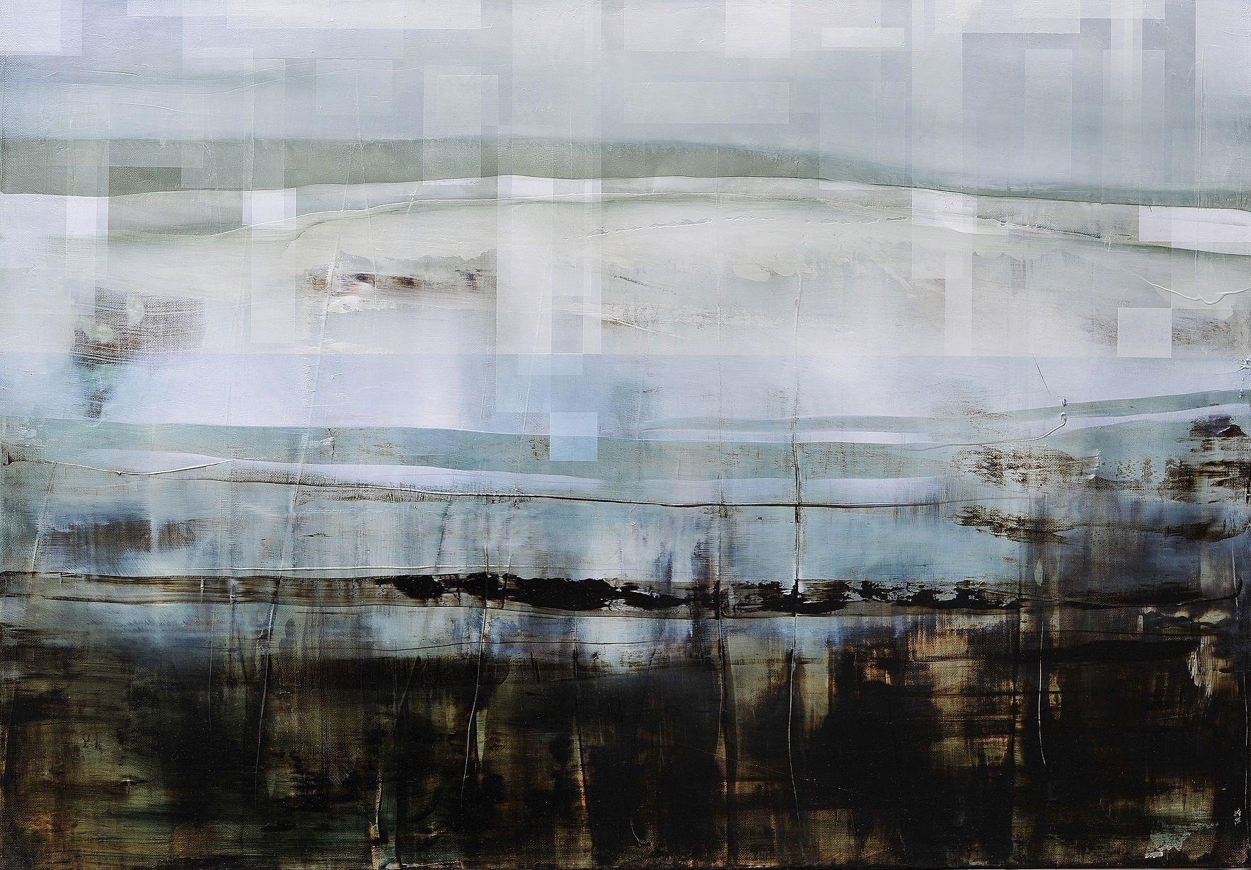 Halle der Macht III von Joachim van der Vlugt - Halb-abstrakte Malerei, graue Farbe