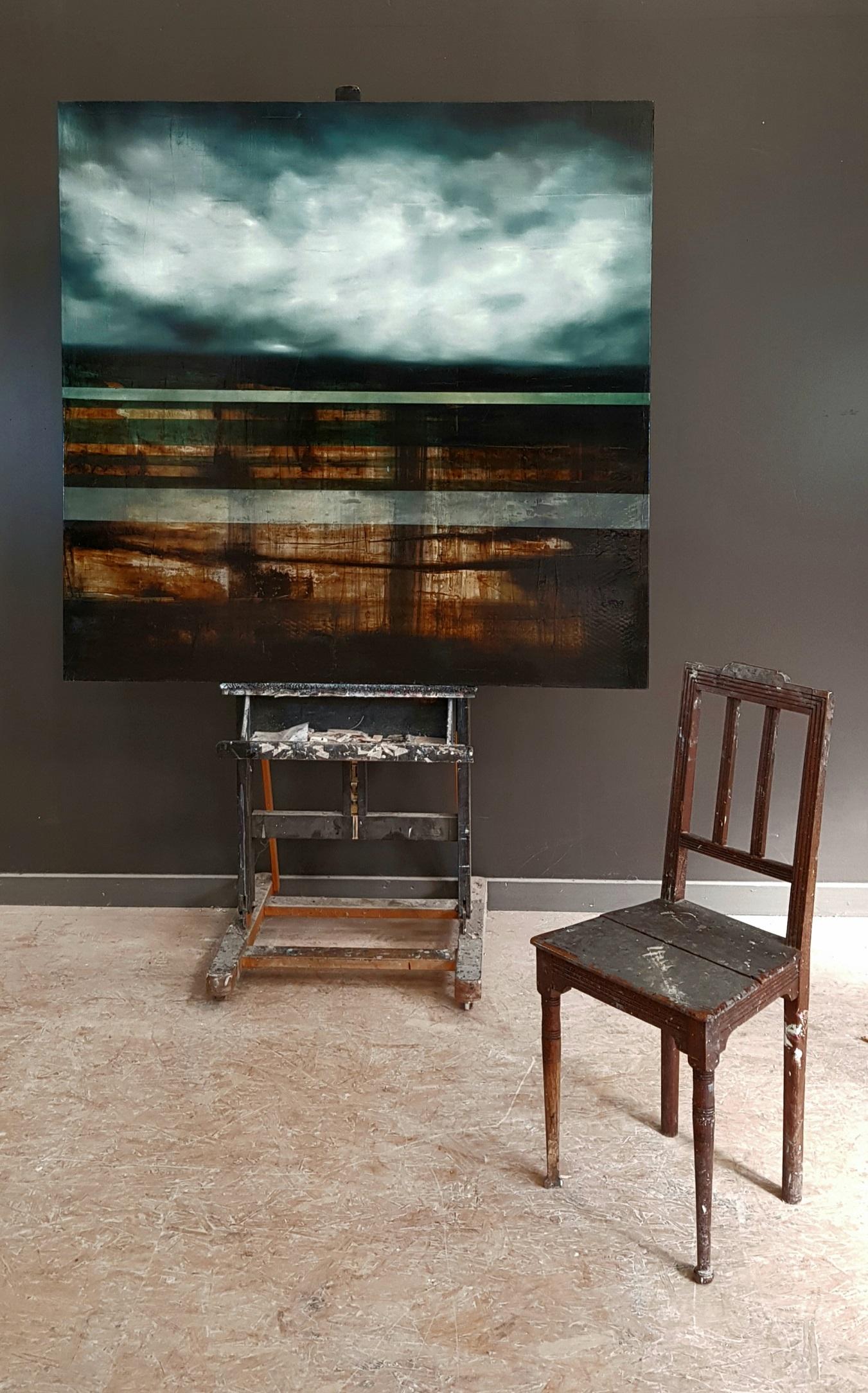 Landfall III by Joachim van der Vlugt - Semi-abstract painting, grey sky, clouds For Sale 1
