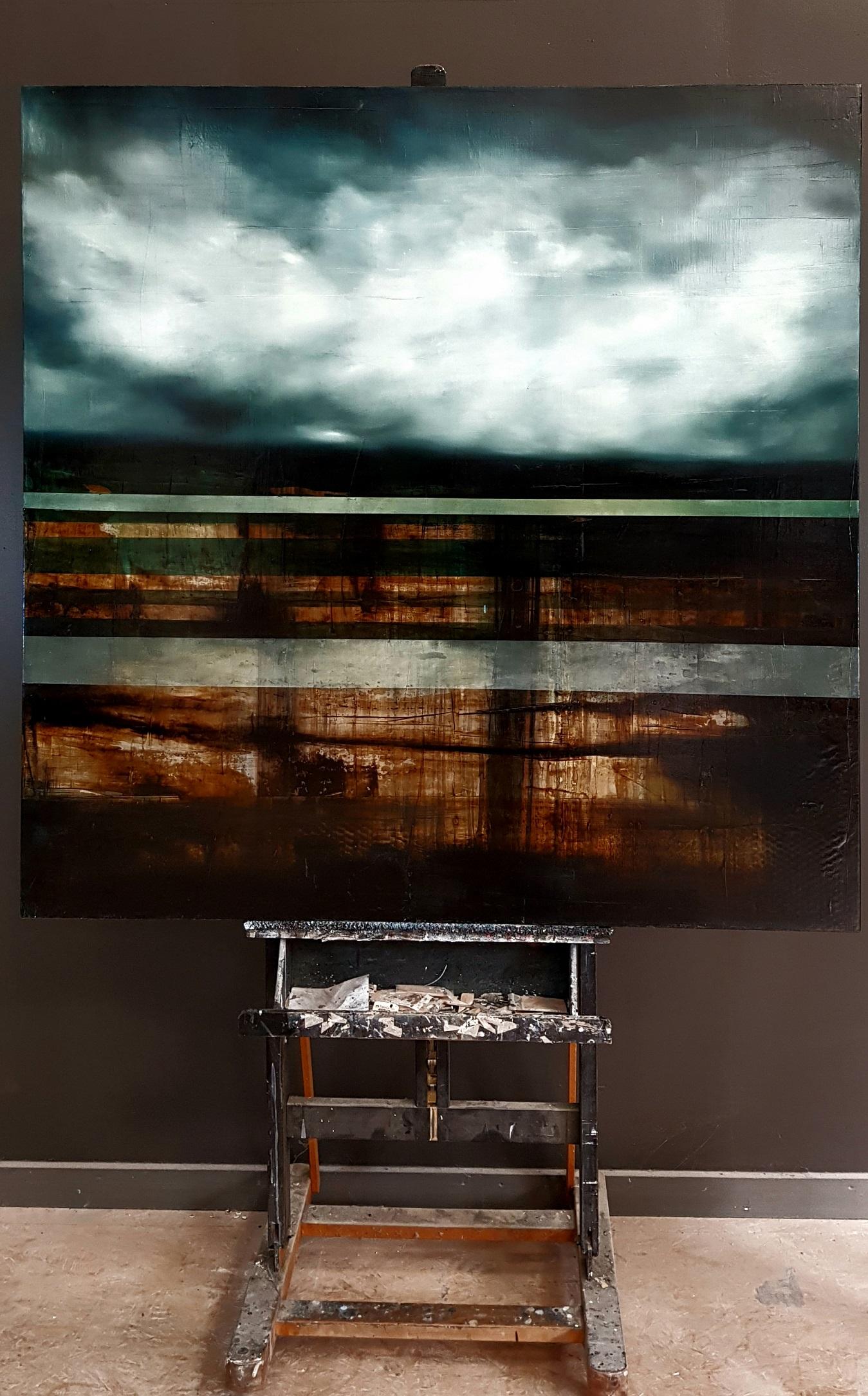 Landfall III by Joachim van der Vlugt - Semi-abstract painting, grey sky, clouds For Sale 2