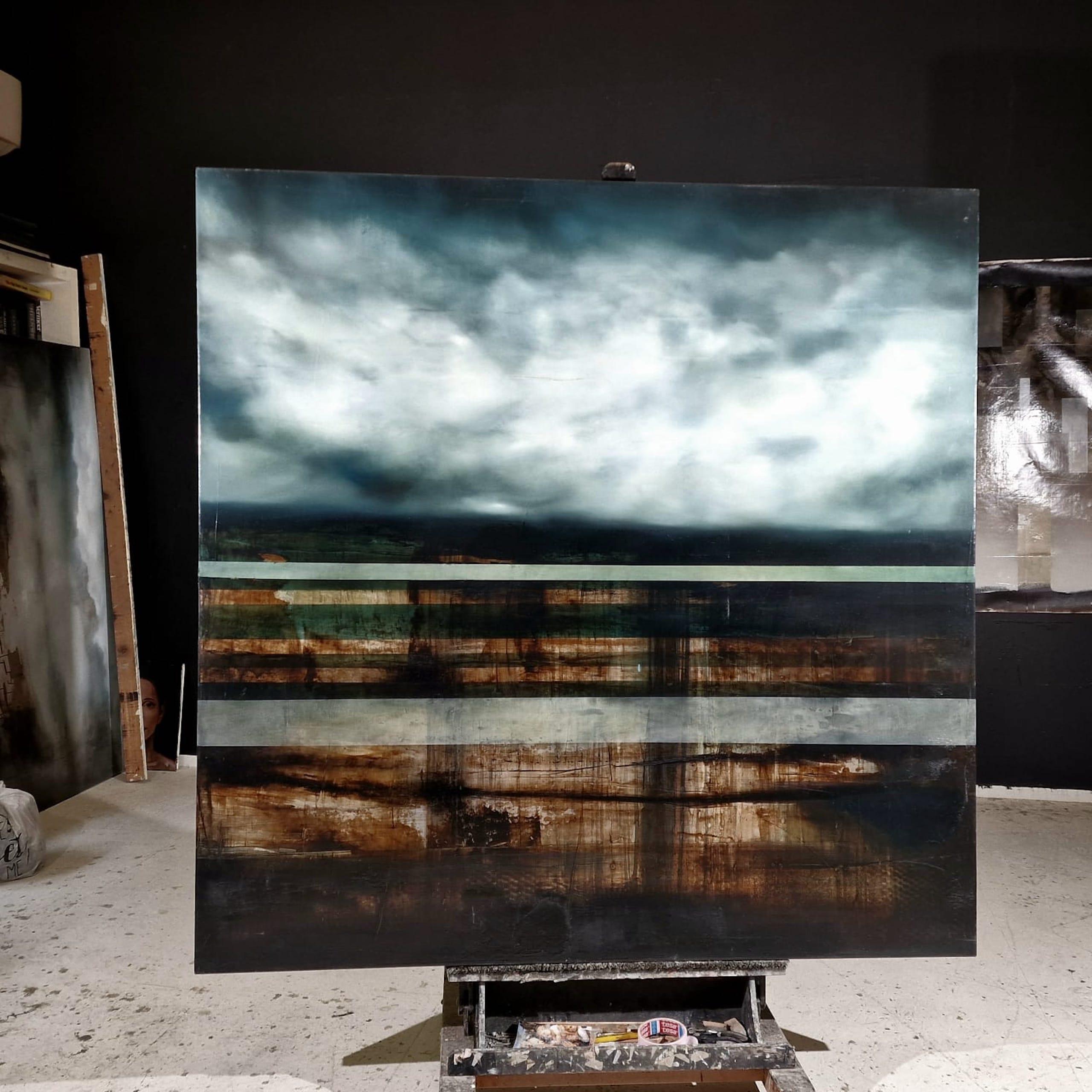 Landfall III by Joachim van der Vlugt - Semi-abstract painting, grey sky, clouds For Sale 3