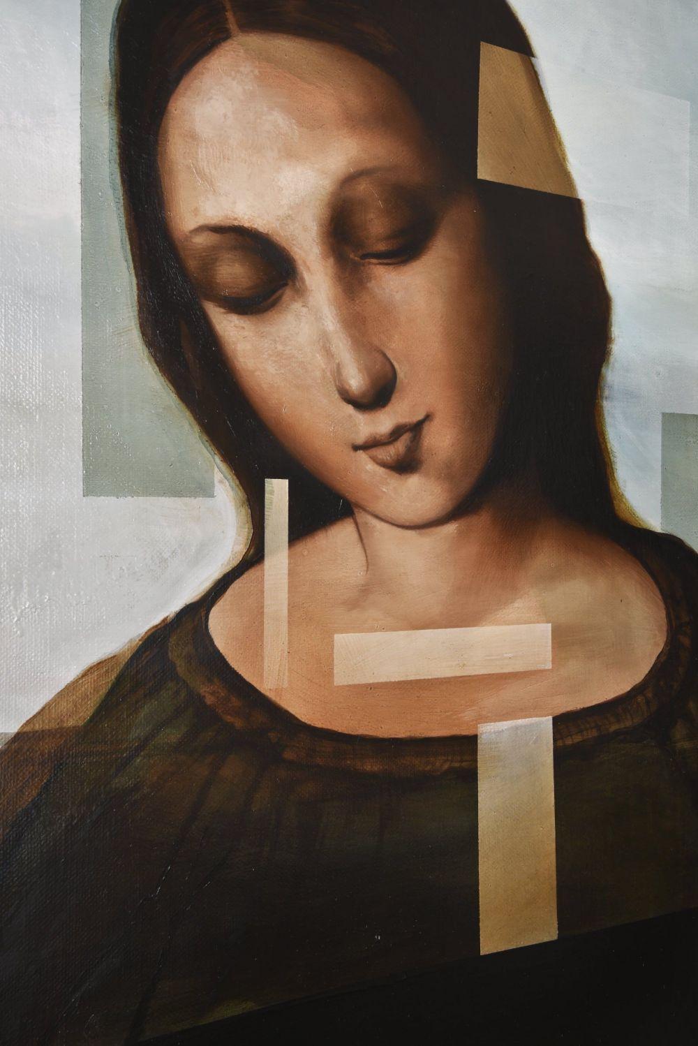 Madonna II (2020), de l'artiste contemporain Joachim van der Vlugt. Huile sur toile, 100 cm × 100 cm.
L'œuvre semble s'inspirer de l'iconographie des peintures de la Renaissance italienne, notamment la pose du visage de la Madone et ses yeux