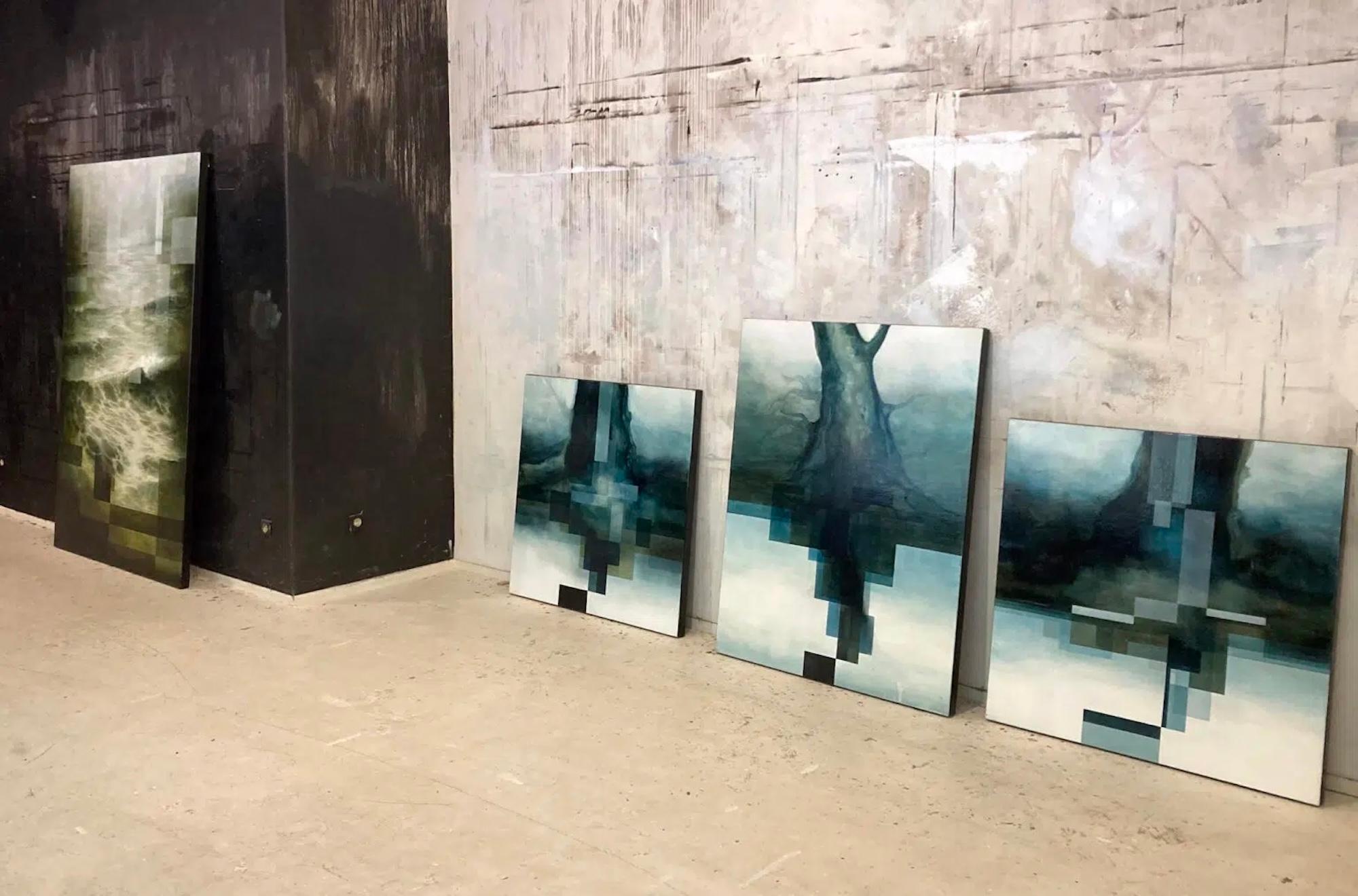 Neon God I by Joachim van der Vlugt - Abstract painting, blue tones, tree For Sale 8