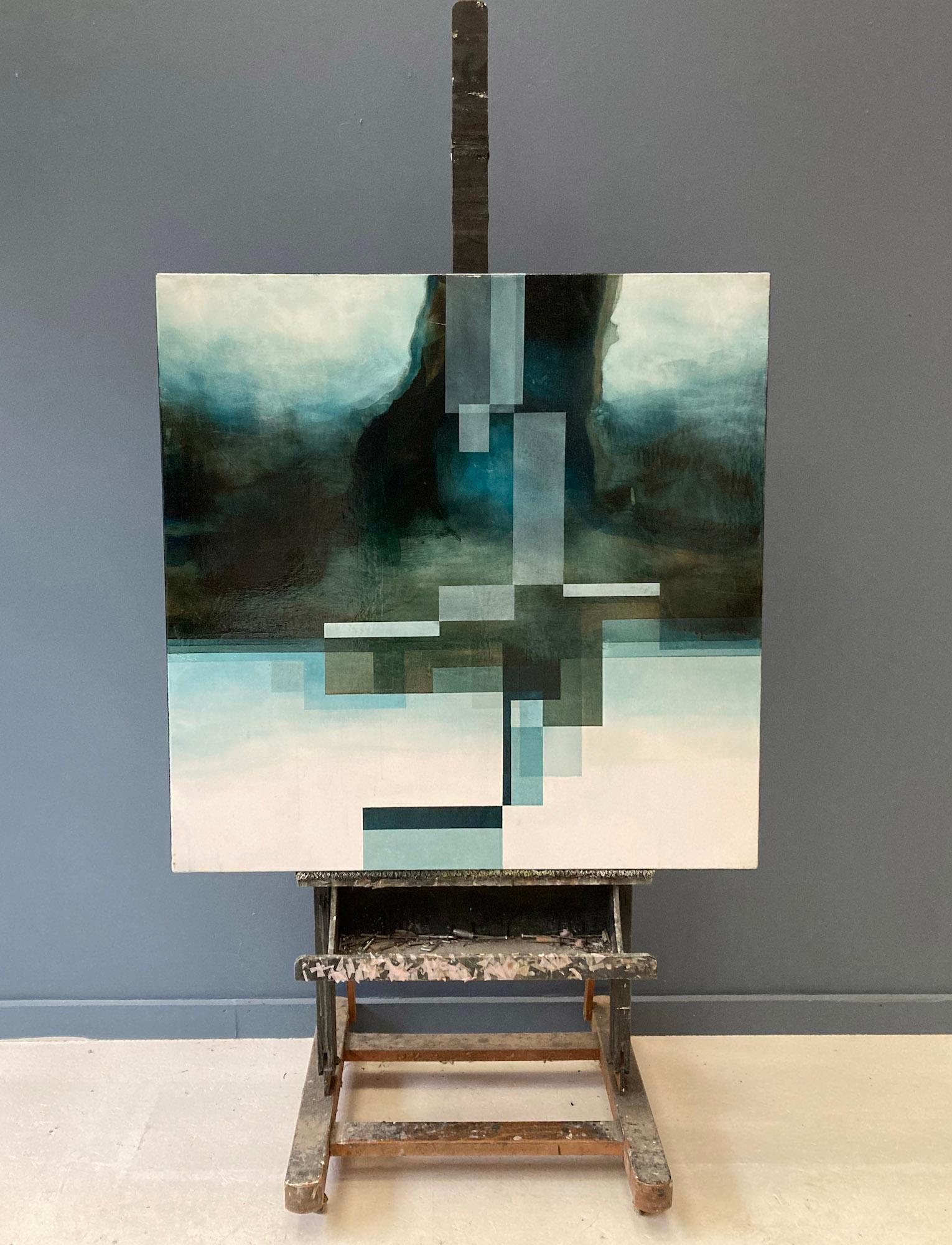 Dios de neón I de Joachim van der Vlugt - Pintura semiabstracta, tonos azules, oscuros en venta 1